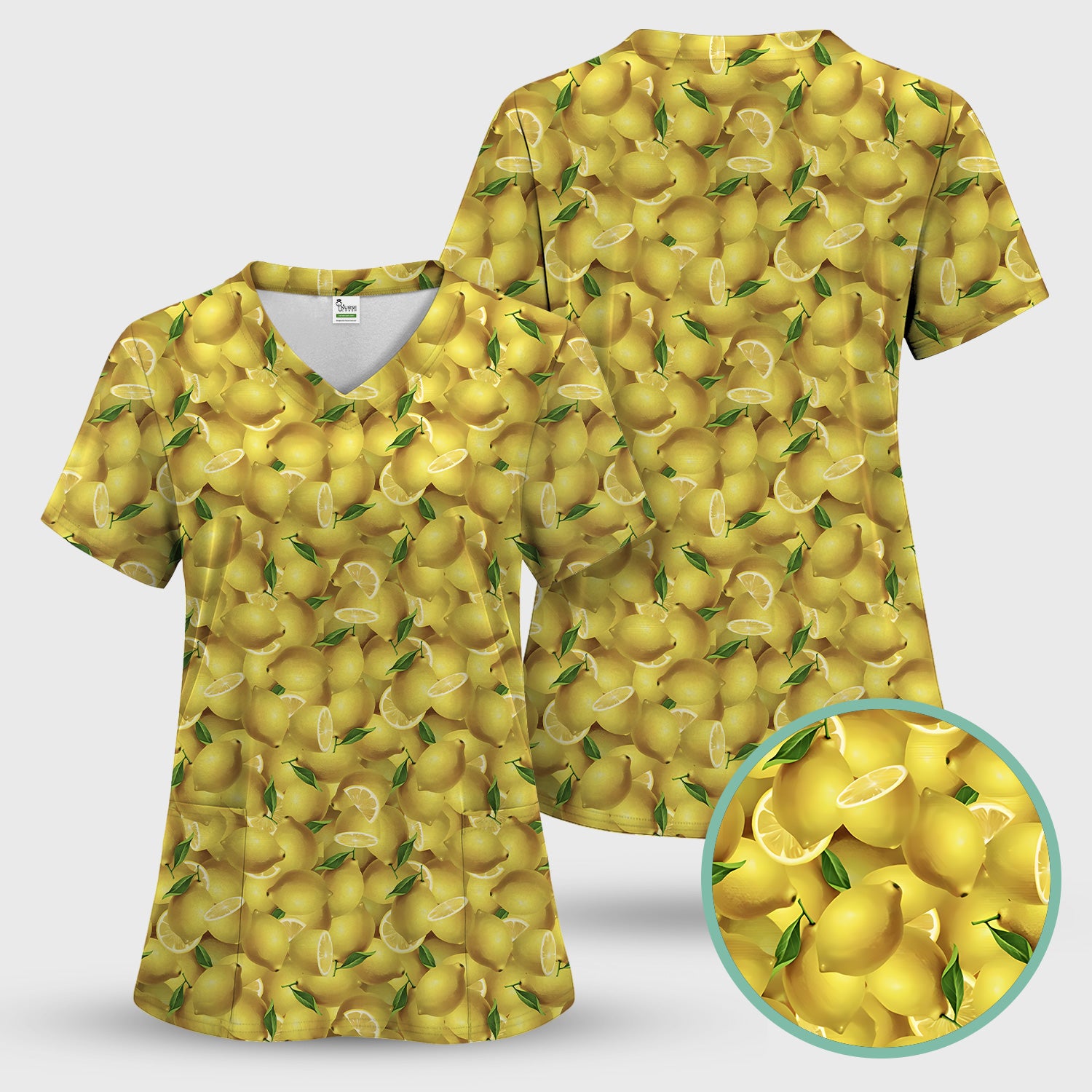 Fresh Lemon Fruit Pattern Scrub Sets, Scrub Pants and V Neck Top