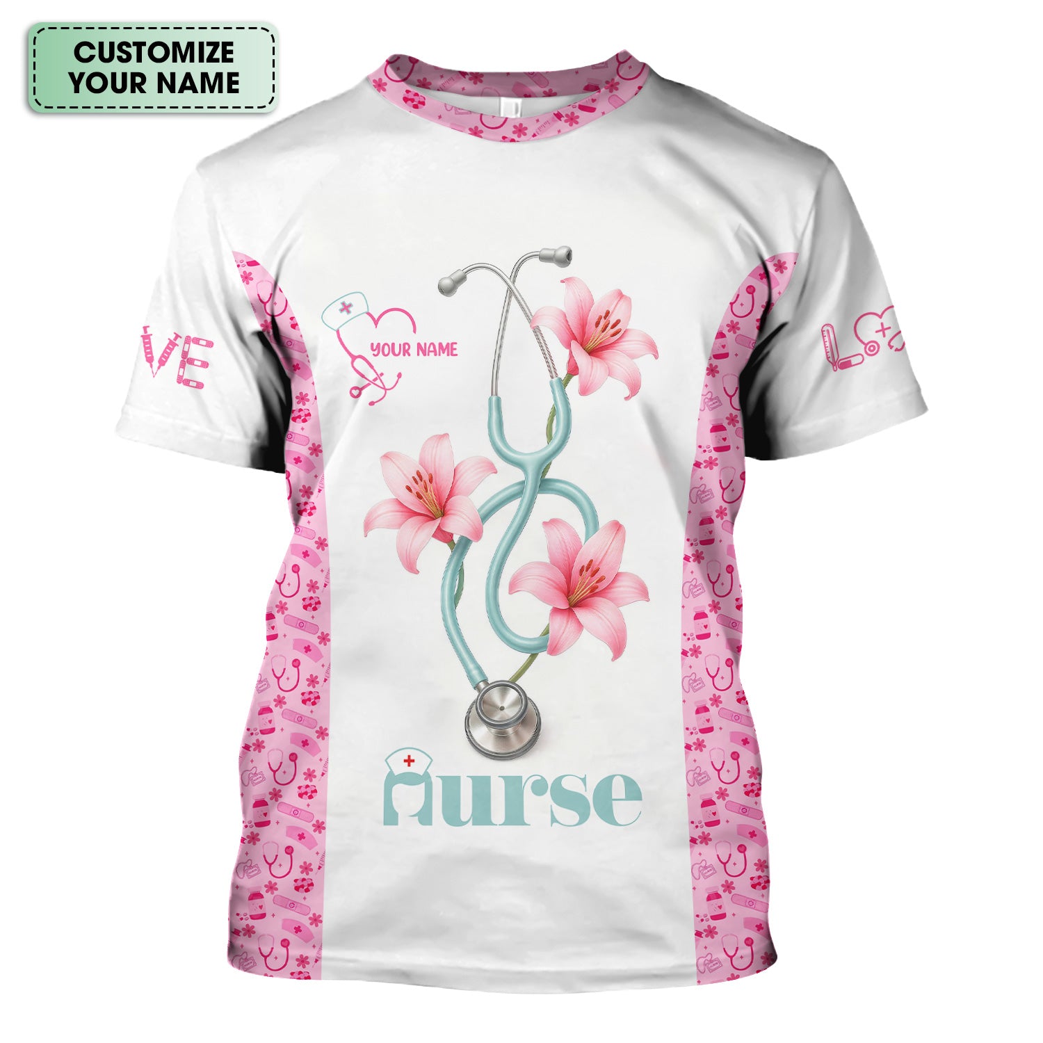 Personalized Nurse Scrubs - Pink Floral Stethoscope Design with Name Customization - Gift for RN, CNA, LPN