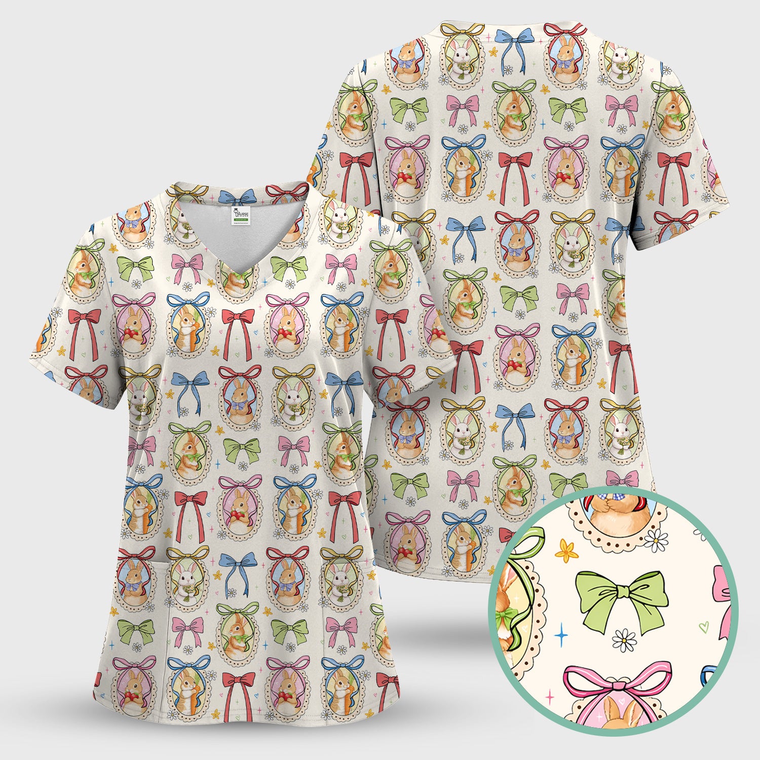 Cute Easter Bunny Cameo Colorful Bow Pattern Scrub Top, Breathable Fabrics Nursing Uniform