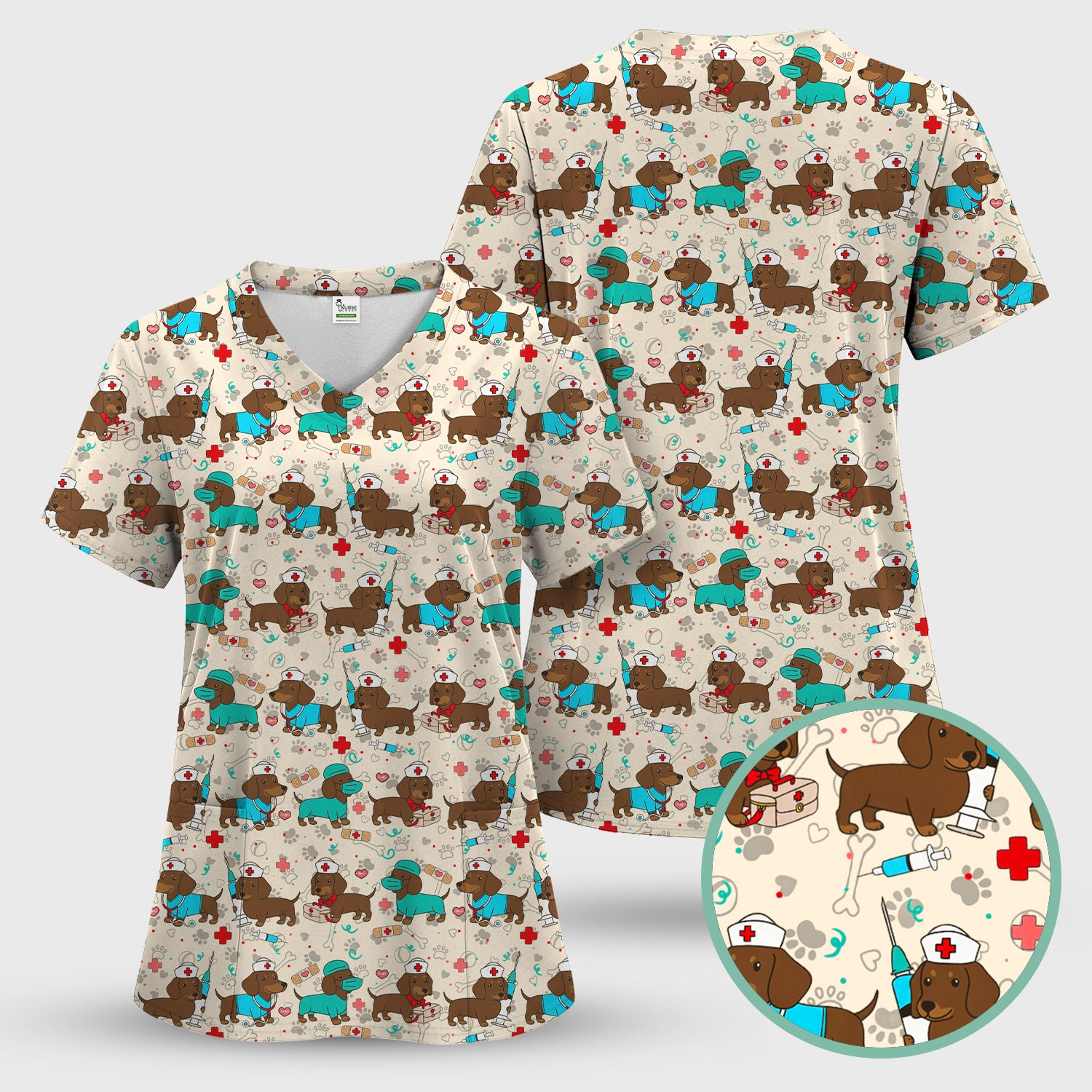 Cute Wiener Dog Dachshund Nurse Scrub Top, Funny Dachshund Dog Scrubs Shirt, Breathable Fabrics Nursing Uniform