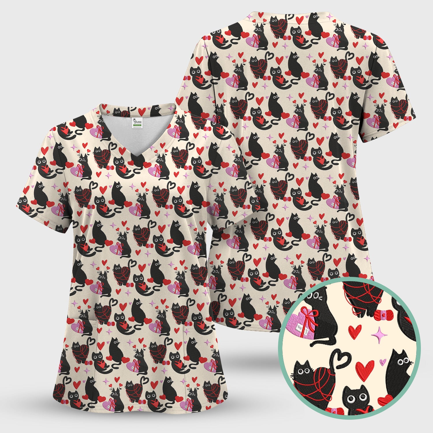 Valentine’s Day Scrub Set, Cute Black Cat With Heart Pattern Nurse Shirt, Breathable Fabrics Nursing Uniform