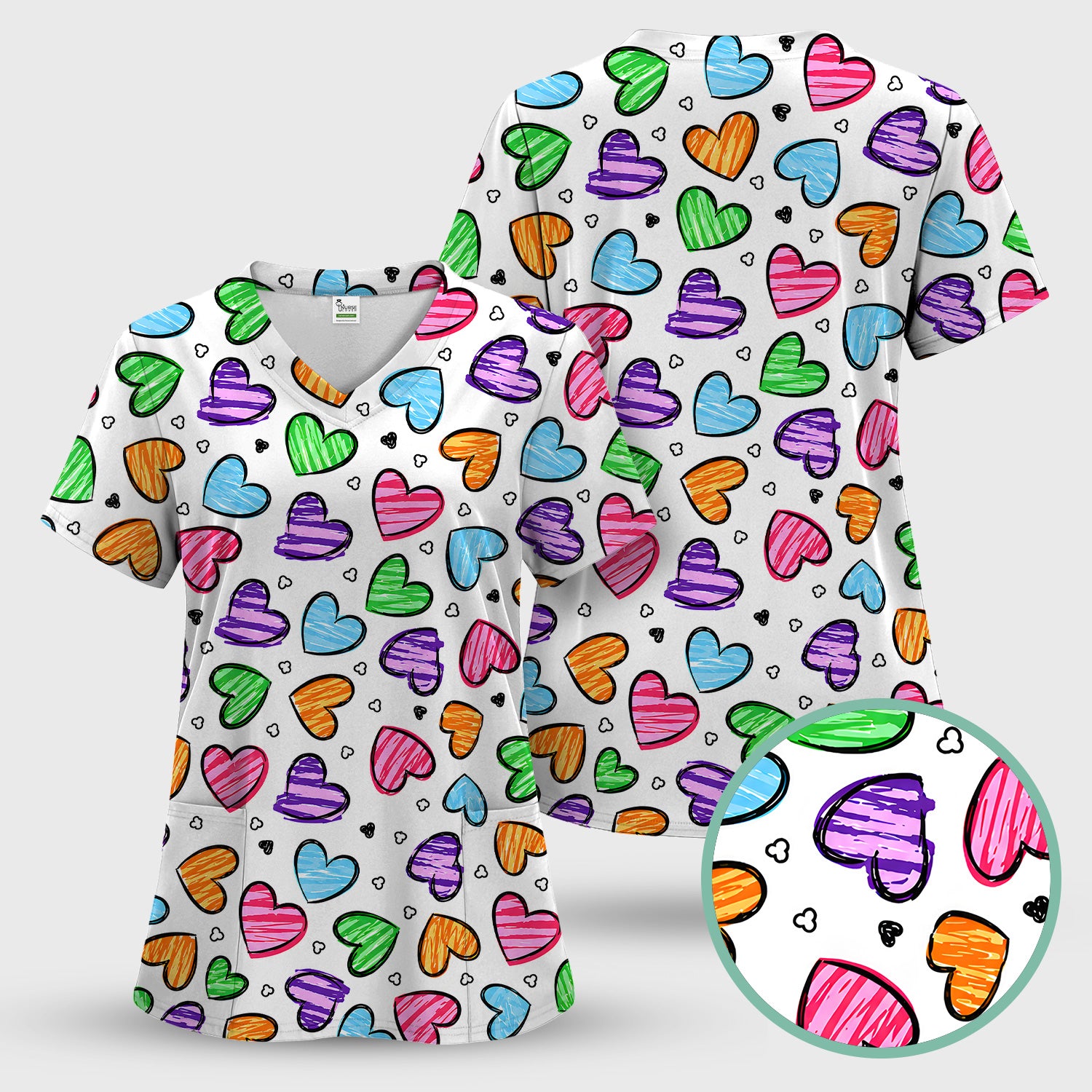 Colorful Doodle Heart Pattern Scrub Top, Comfortable Scrubs for Nurses