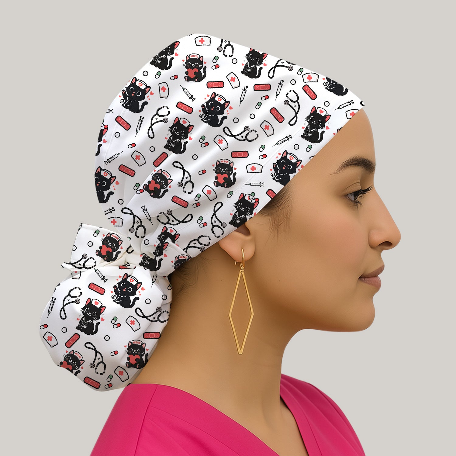 Cute Black Cat Nurse Scrub Cap for Women - Medical Surgical Hat with Stethoscope & Pill Print - Fun Gift for RN CNA LPN