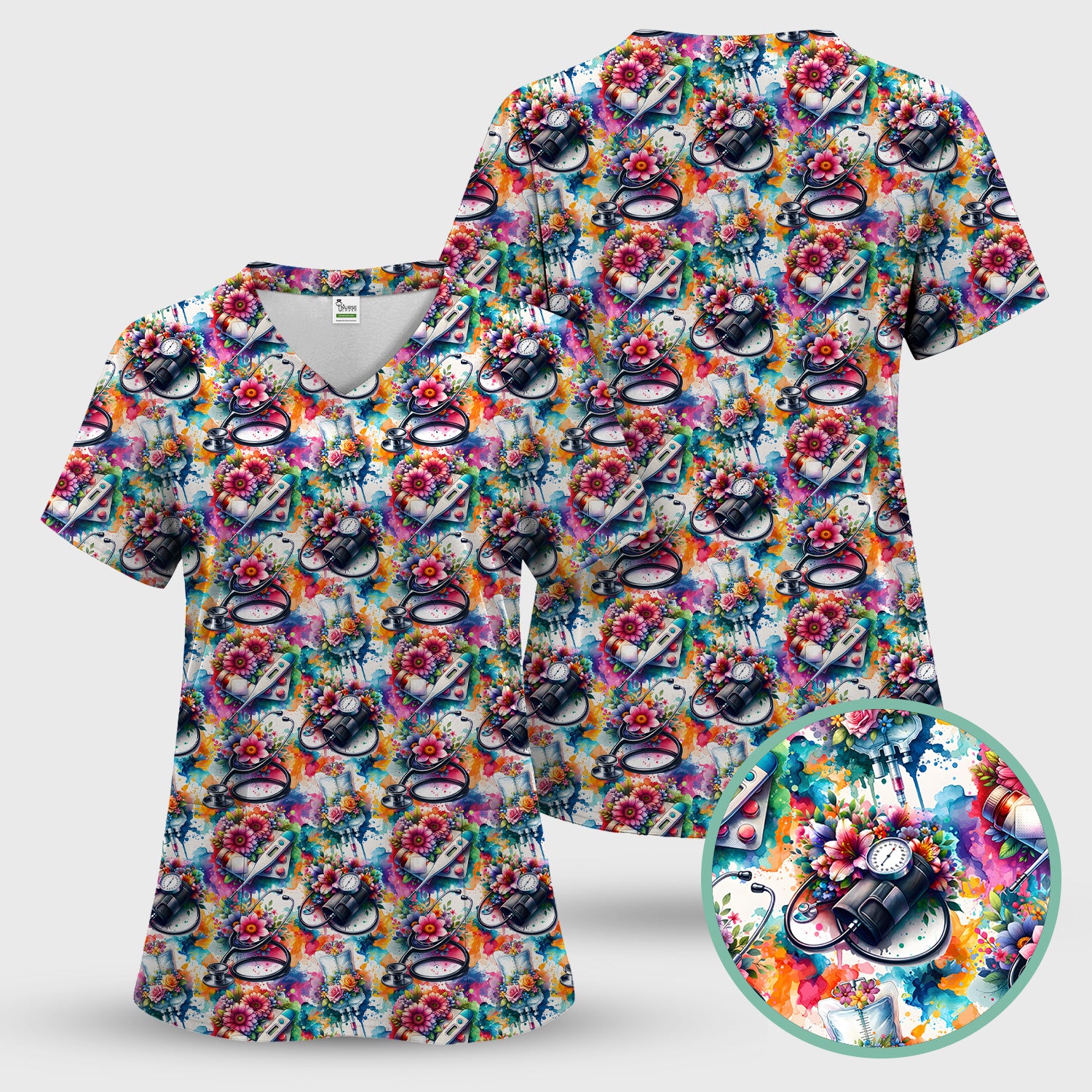 Colorful Medical Tools Floral Pattern Scrub Top, Comfortable Scrubs for Nurses