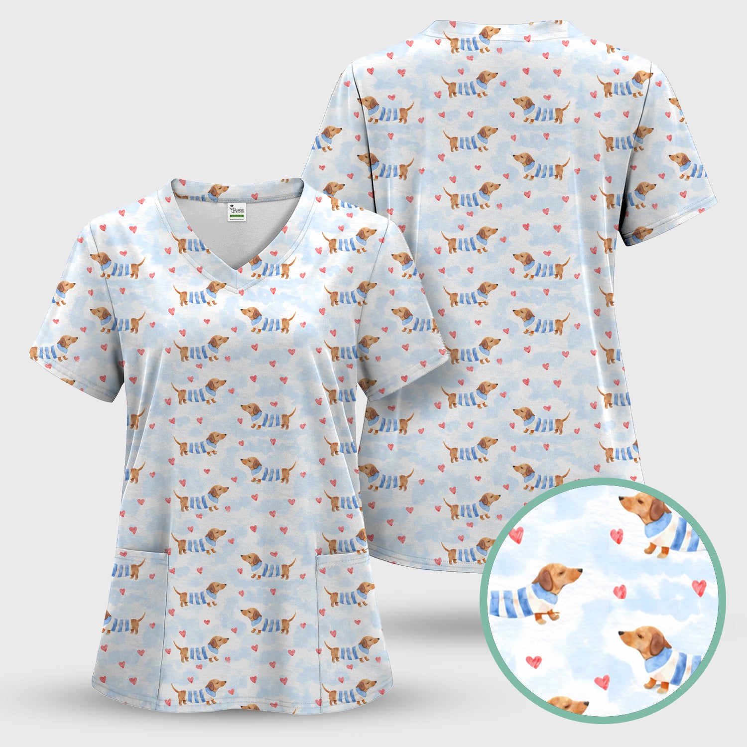Sweet Dachshund And Pink Hearts Print Scrub Top, Comfortable Scrubs for Nurses