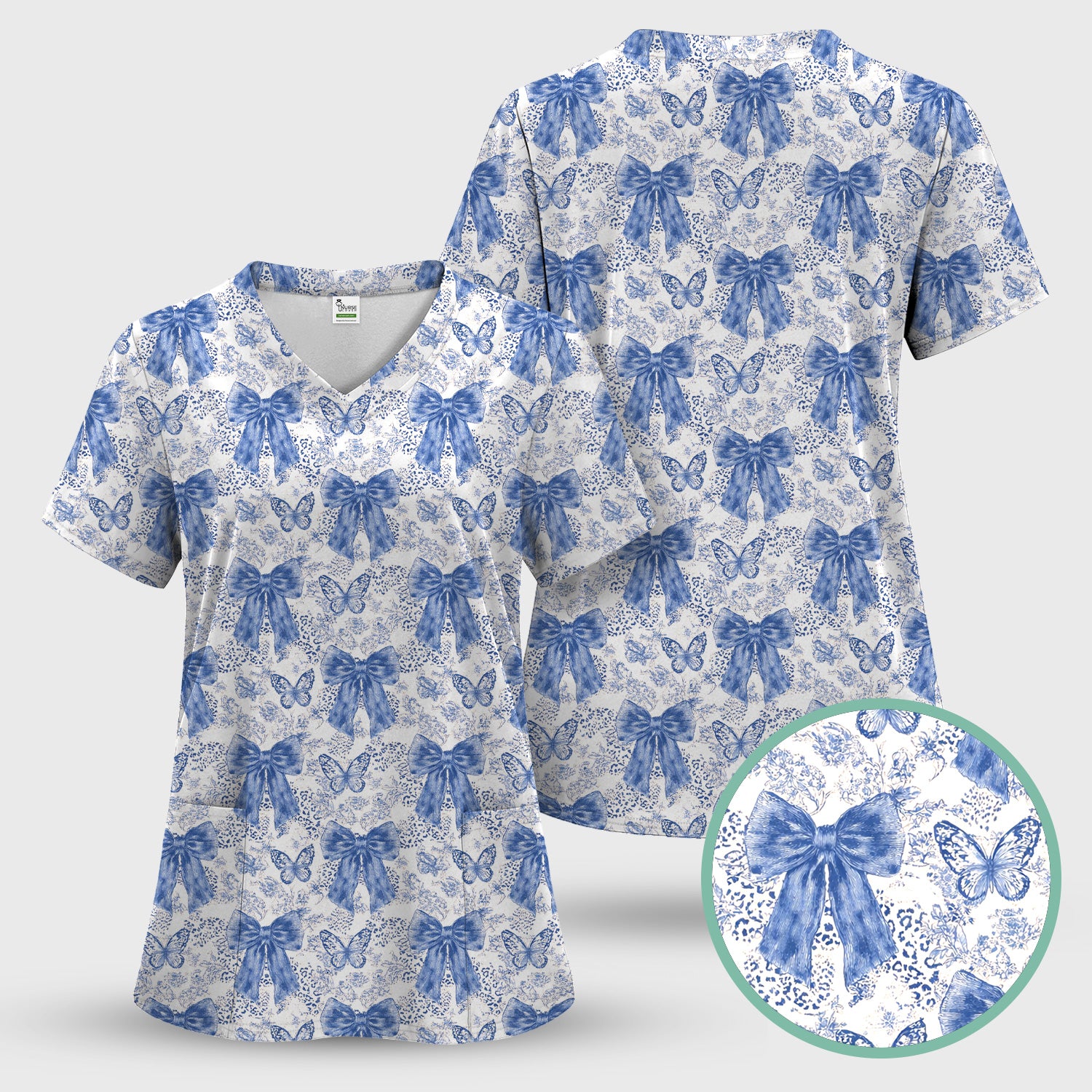 Blue Bow And Butterfly Vintage Floral Scrub Set, Scrub Pants and V Neck Top
