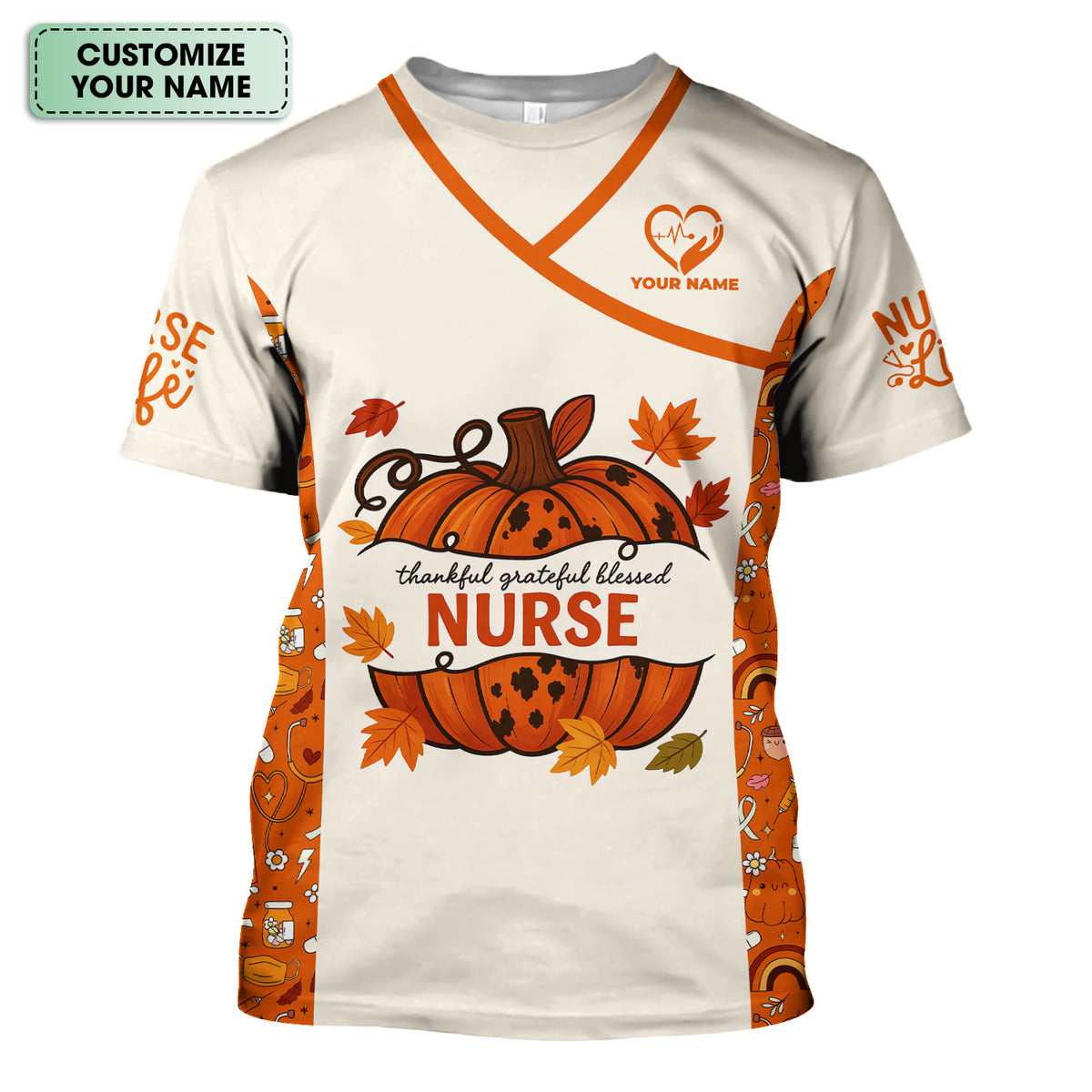 Thankful Grateful Blessed Nurse Scrub Top - Fall Pumpkin Thanksgiving Shirt - Personalized Autumn Gift for Women RN CNA LPN