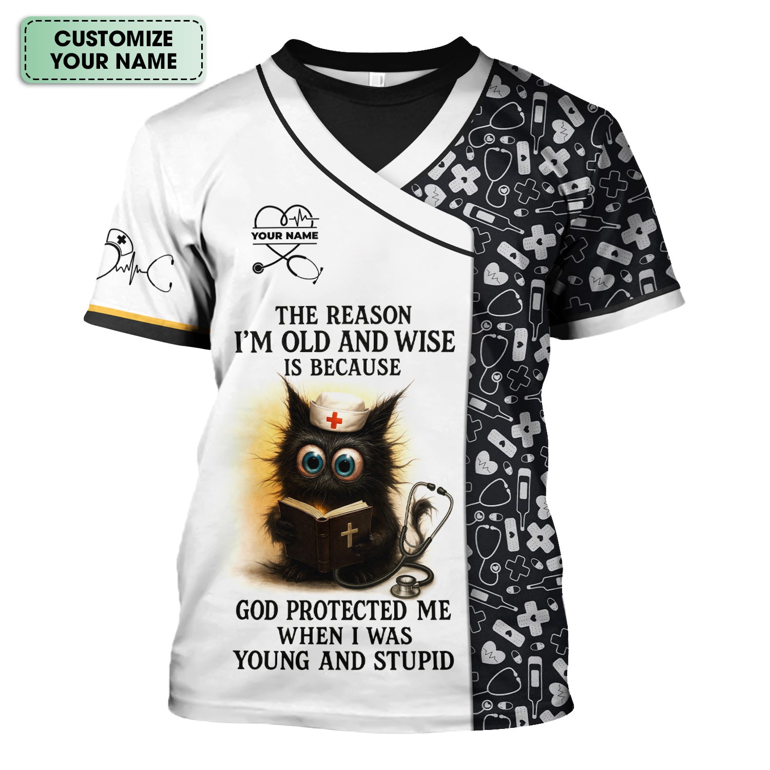 Personalized Nurse Shirt - Adorable Cat Design with Bible and Your Name - Gift for RN CNA LPN  Healthcare Worker
