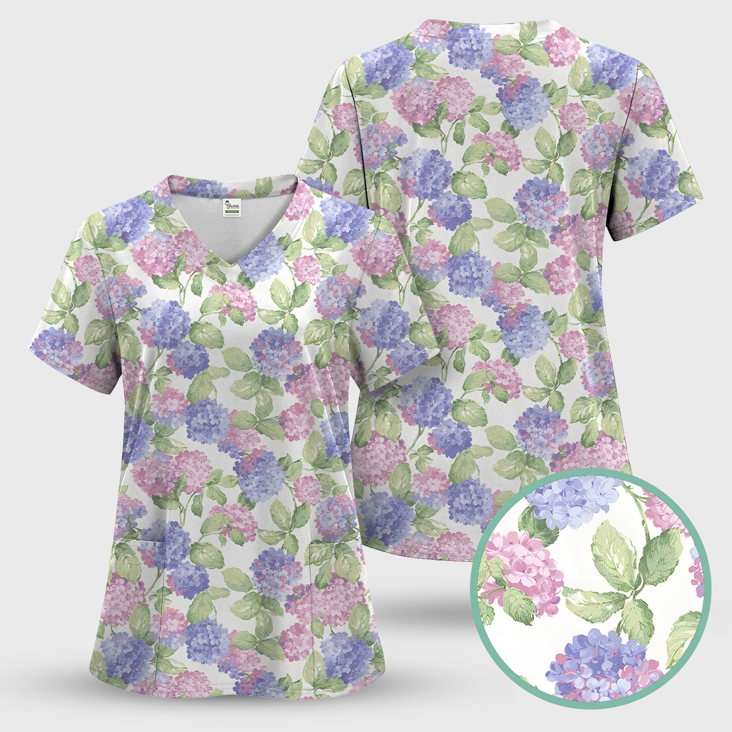 Soft Pastel Watercolor Hydrangea Floral Pattern Scrub Top, Comfortable Scrubs for Nurses
