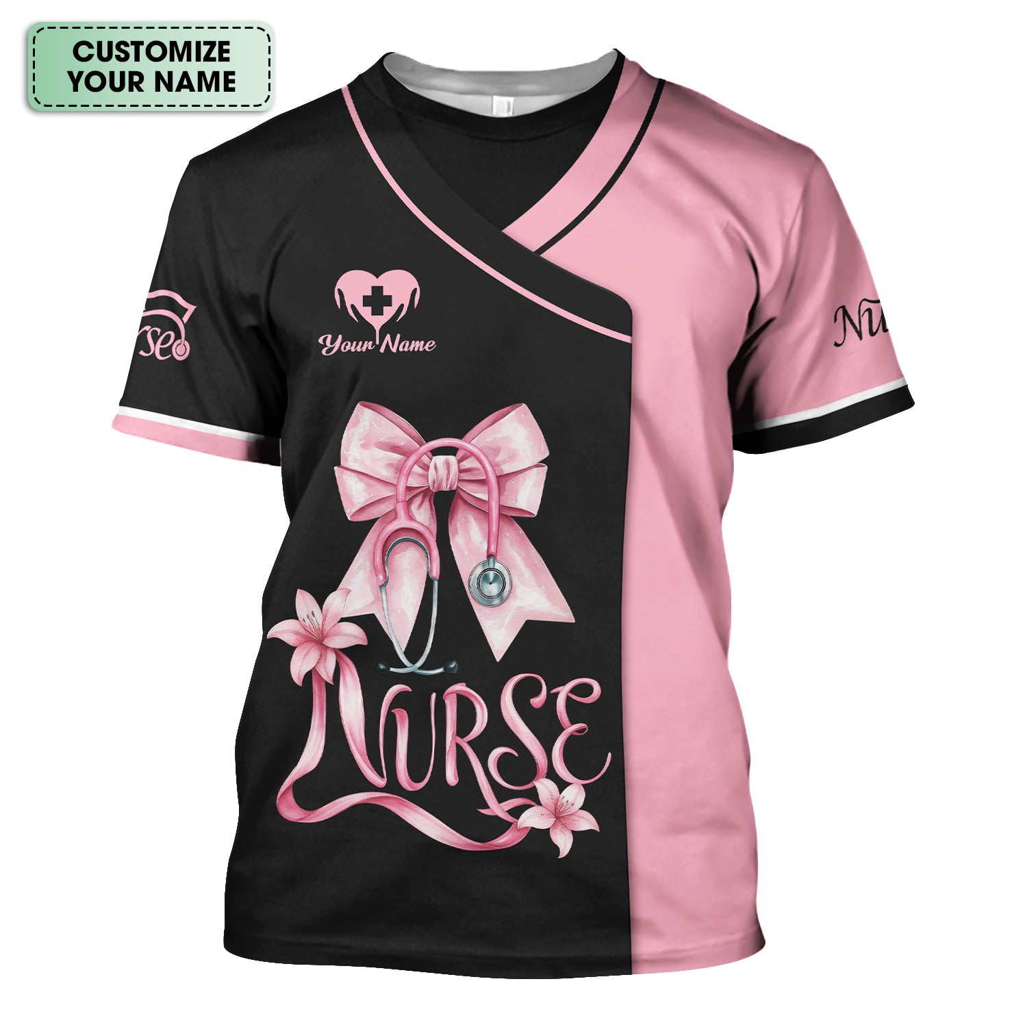 Personalized Pink Nurse Shirt with Name - Cute Bow & Stethoscope Graphic Design - Medical Gift for RN, LPN, CNA