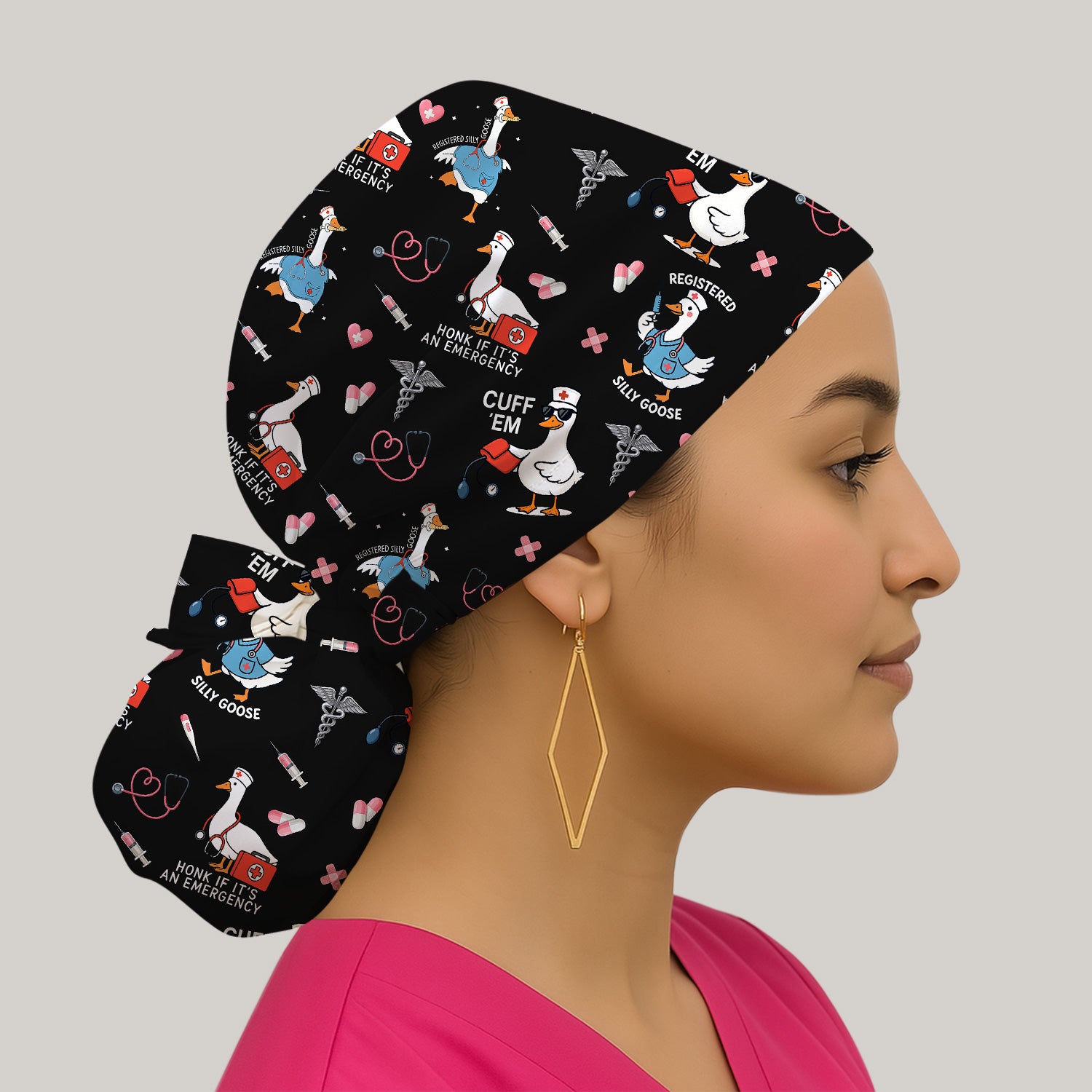 Humorous Goose Nurse Scrub Cap for Women - Medical Surgical Hat with Stethoscope & Heart Print - Gift for CNA, LPN, Medical Worker