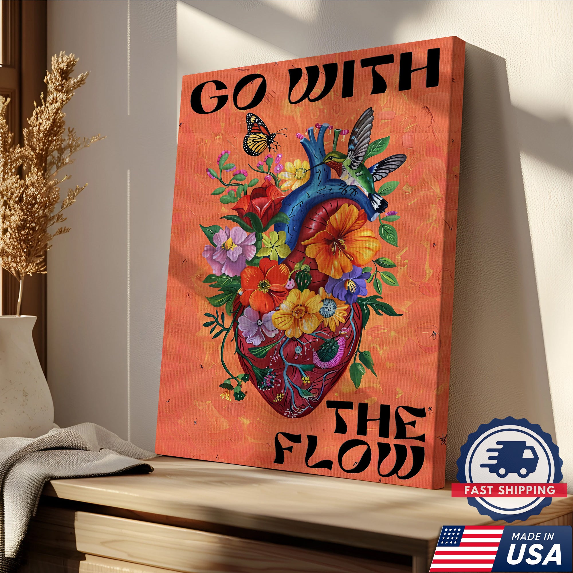 Go With The Flow Canvas, Heart and Flowers Wall Art, RN LPN CNA Healthcare Workers Gift