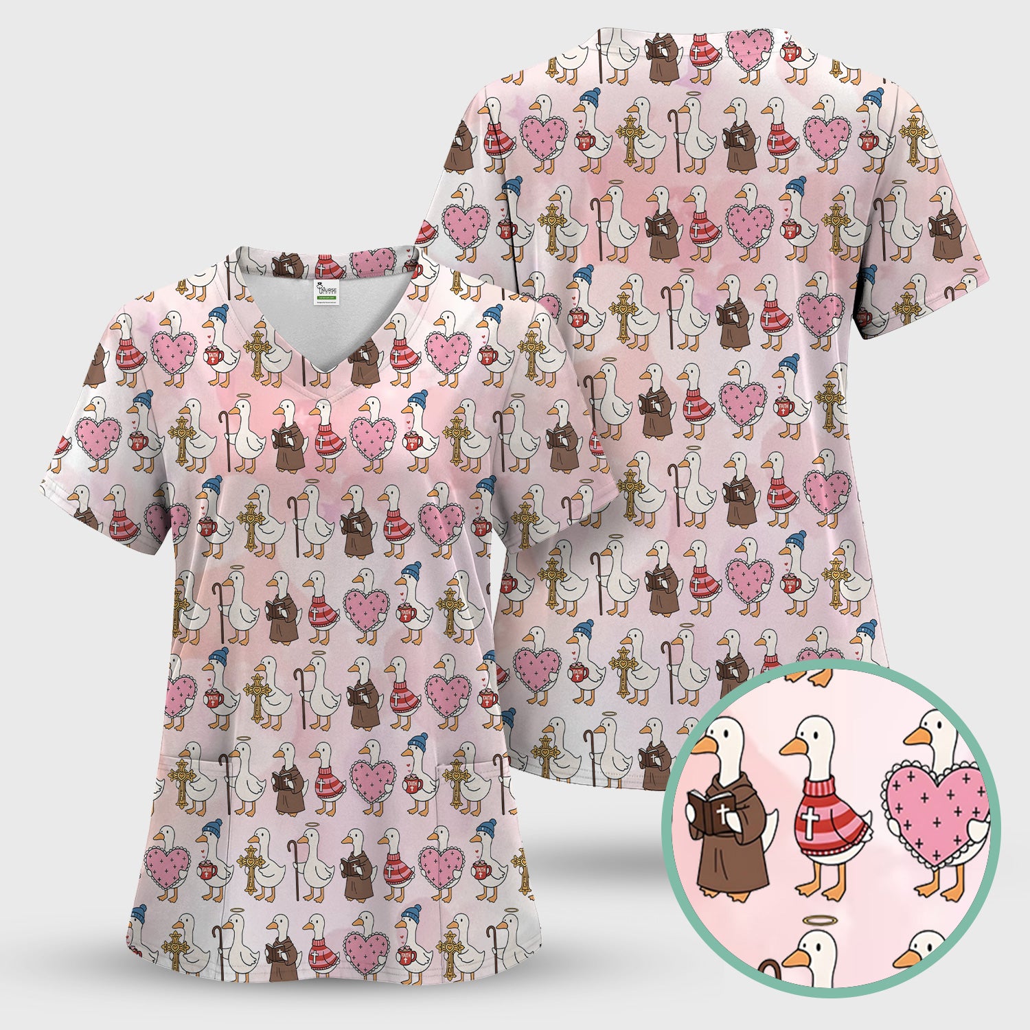 Goose Valentine Heart Illustration Design Scrubs Top, Breathable Fabrics Nursing Uniform