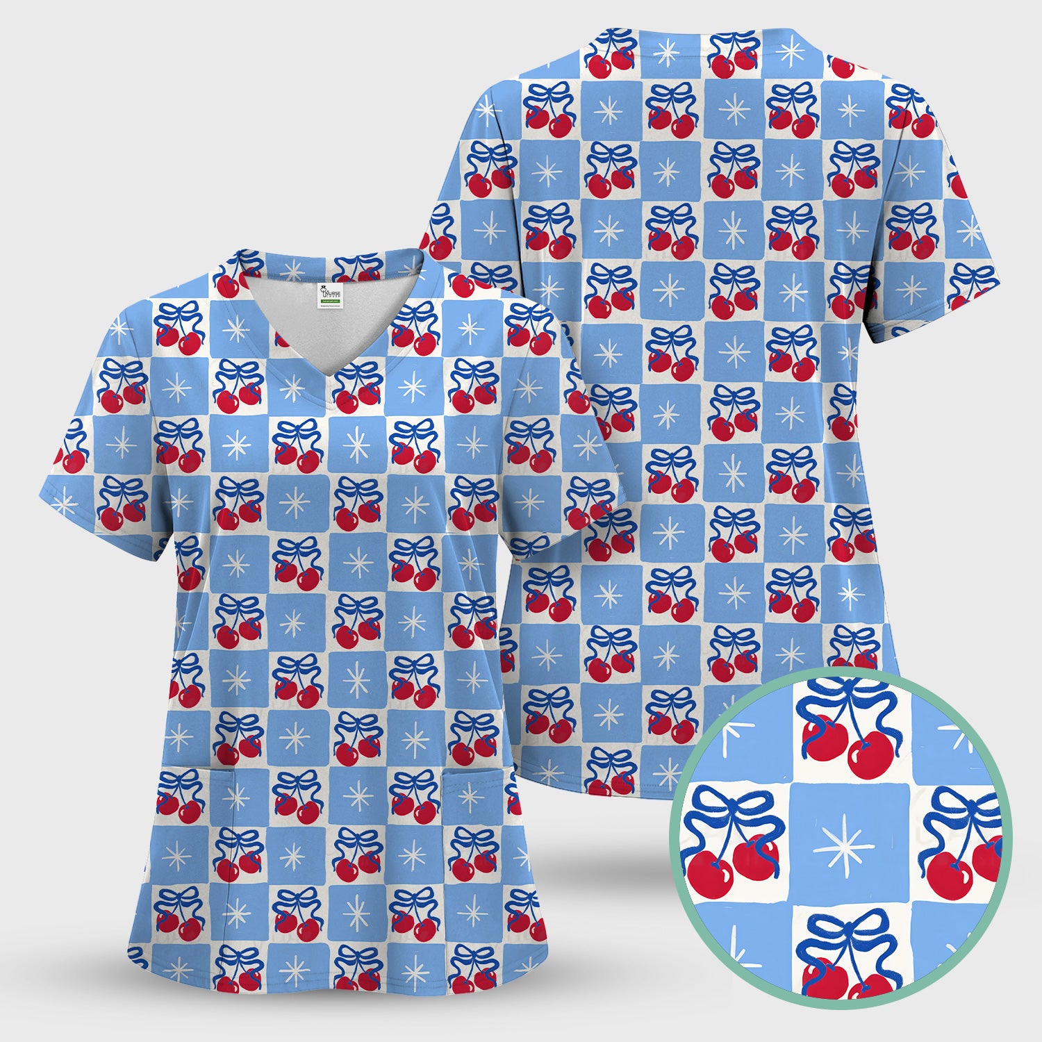 Cute Cherry Bow With Blue Gingham Check Pattern Scrub Set, Scrub Pants and V Neck Top