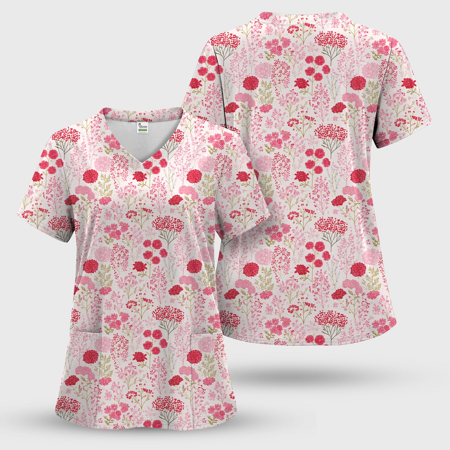 Pink Floral Pattern Allover Print Scrub Top, Breathable Fabrics Nursing Uniform