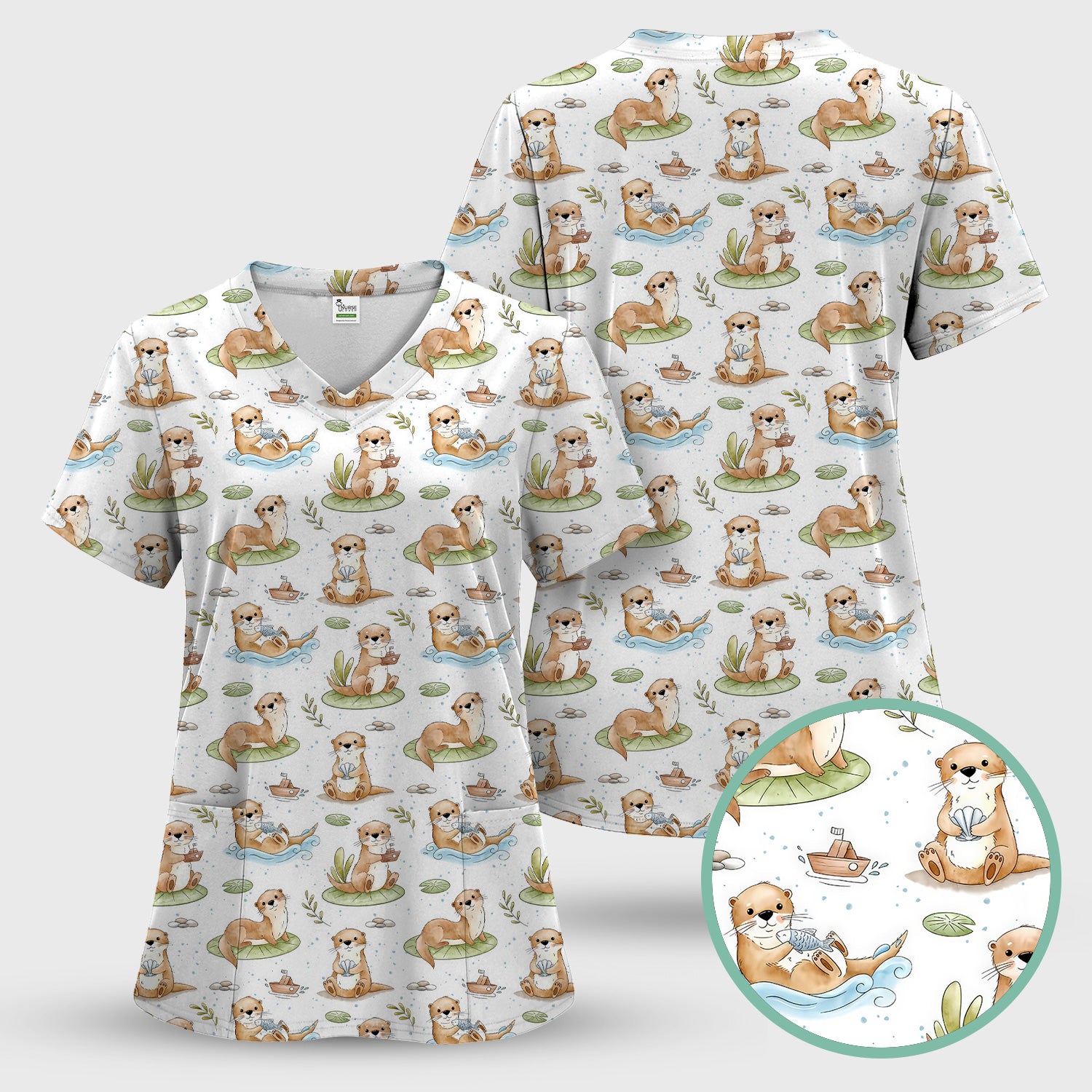 Cute Otter With Lily Pad Pattern Scrub Top, Comfortable Scrubs for Nurses