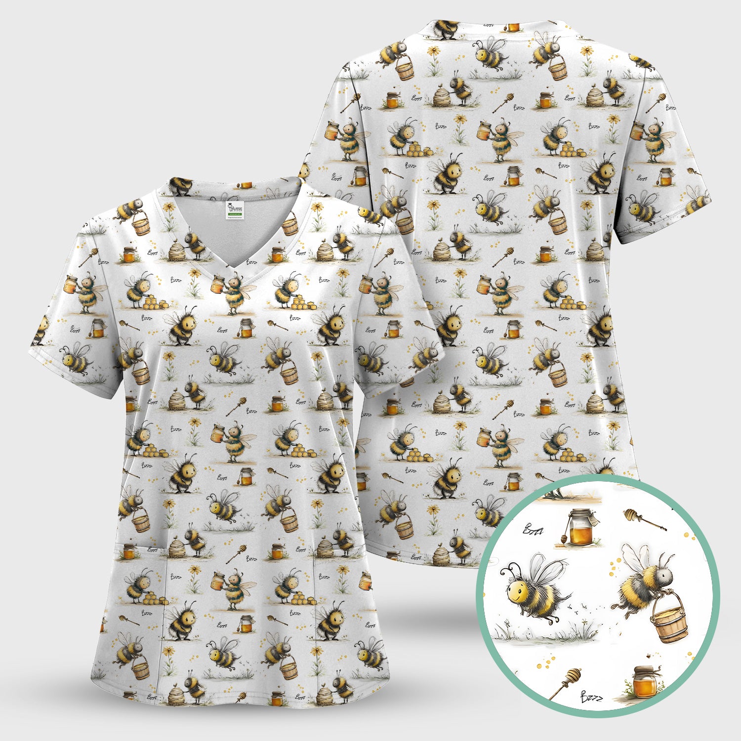 Cute Honey Bee Jar Garden Pattern Scrub Set, Scrub Pants and V Neck Top