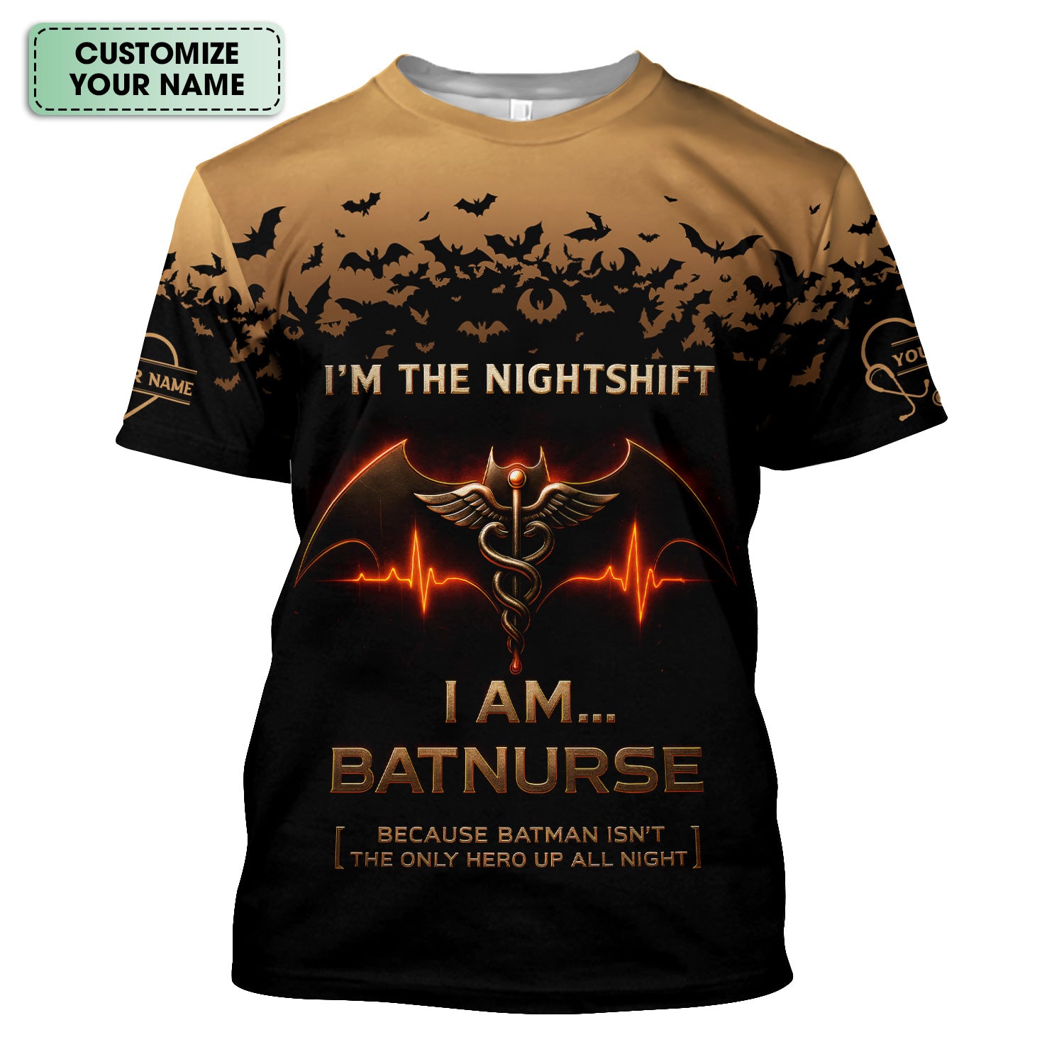 Custom Name Funny Batnurse Scrub Top - I'm the Nightshift RN LPN CNA Uniform - Halloween Gift for Healthcare Workers Nightshift Nurses