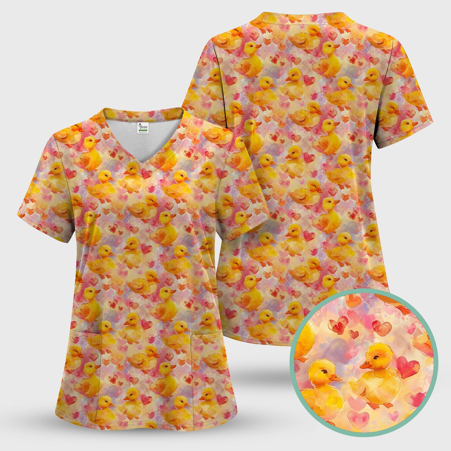 Cute Duck Heart Watercolor Pattern Scrub Top, Comfortable Scrubs for Nurses