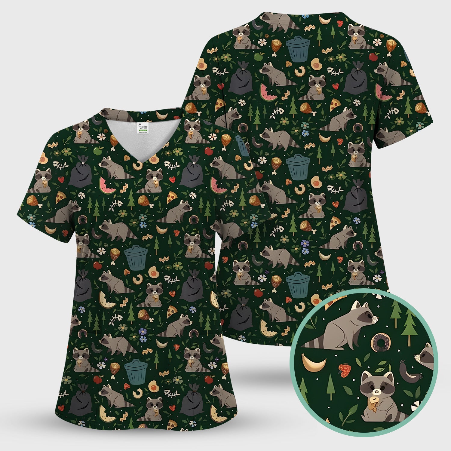 Cute Raccoon Forest Food Pattern Scrub Top, Breathable Fabrics Nursing Uniform
