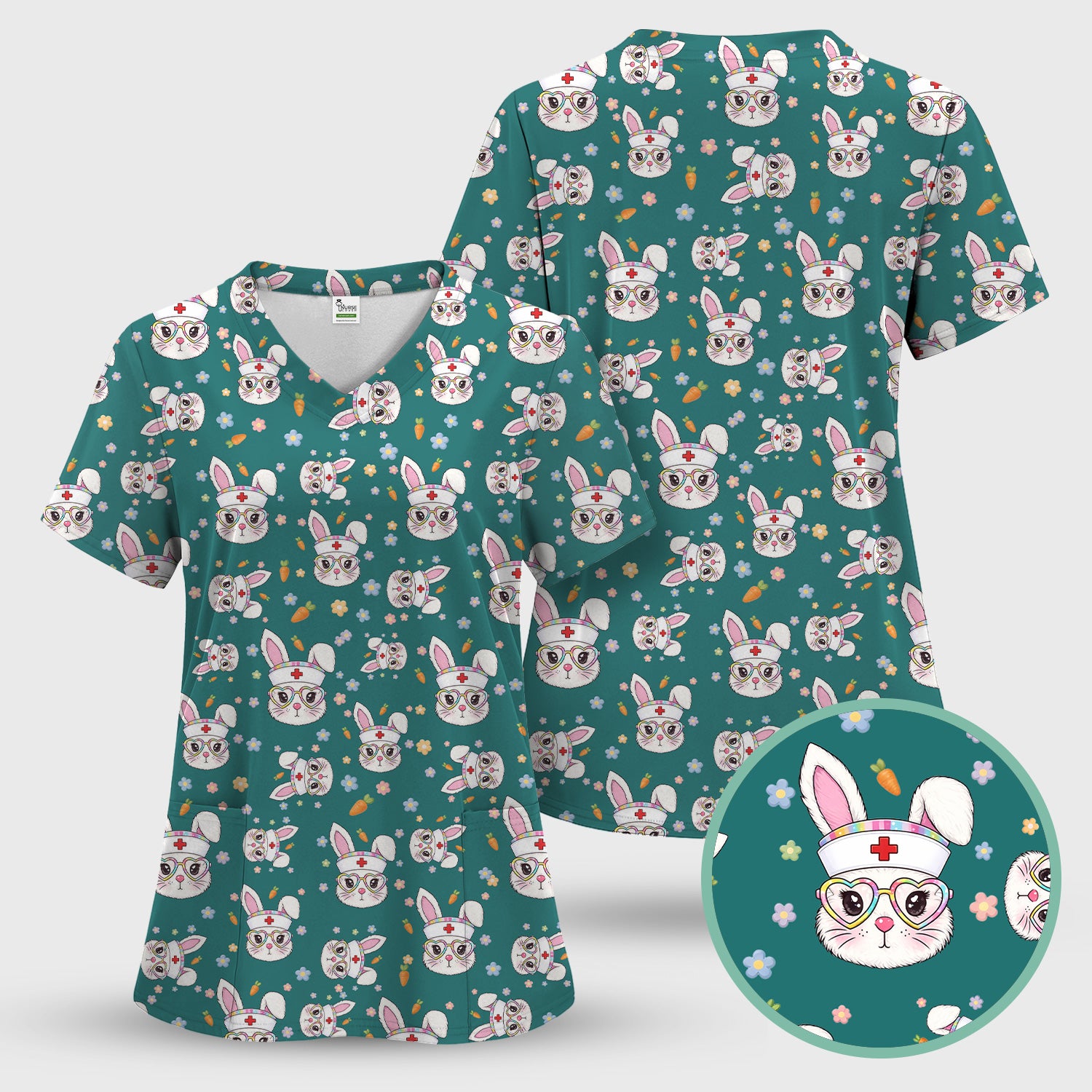 Cute Easter Bunny Nurse Pattern Scrub Set, Scrub Pants and V Neck Top
