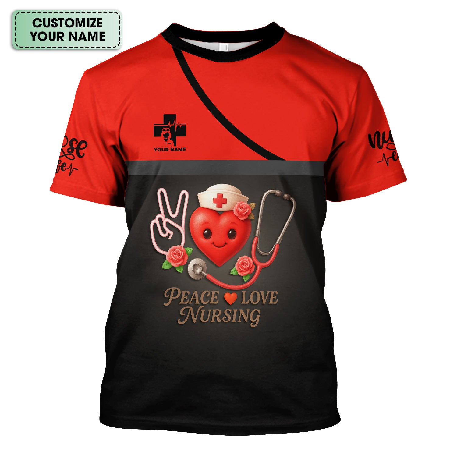 Personalized Nurse Scrubs with Heart Design - Peace Love Nursing - Custom RN CNA LPN Scrubs Gift for Women