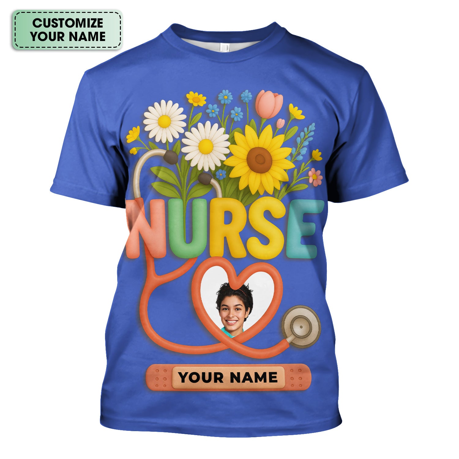 Nurse Appreciation Shirt for CNA RN LPN - Floral Heart Stethoscope Design - Custom Photo & Name Gift for Women Healthcare Workers - Multiple Shirt Colors Available