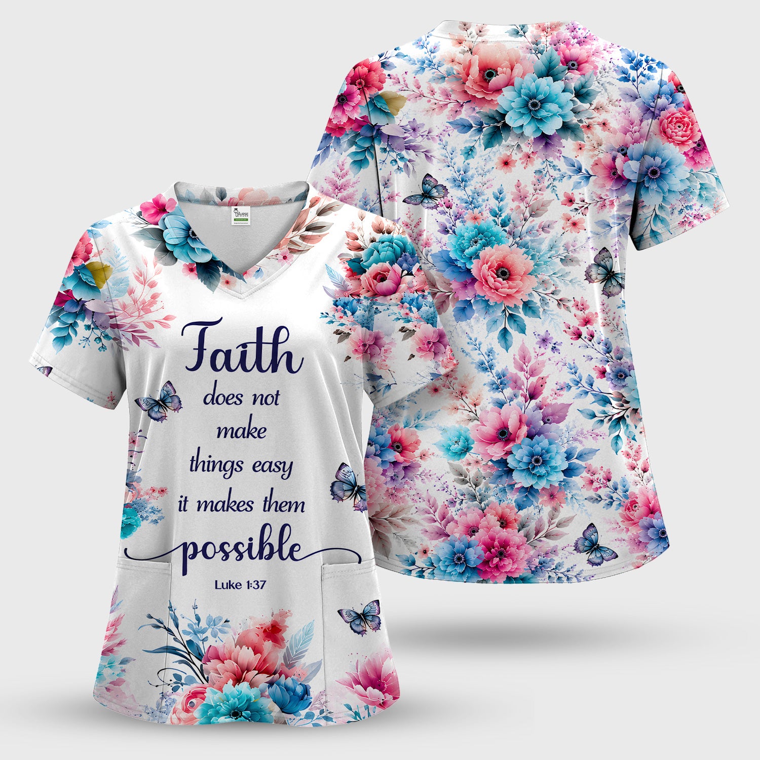 Inspirational Faith Floral Butterfly Pattern Scrub Top, Comfortable Scrubs for Nurses