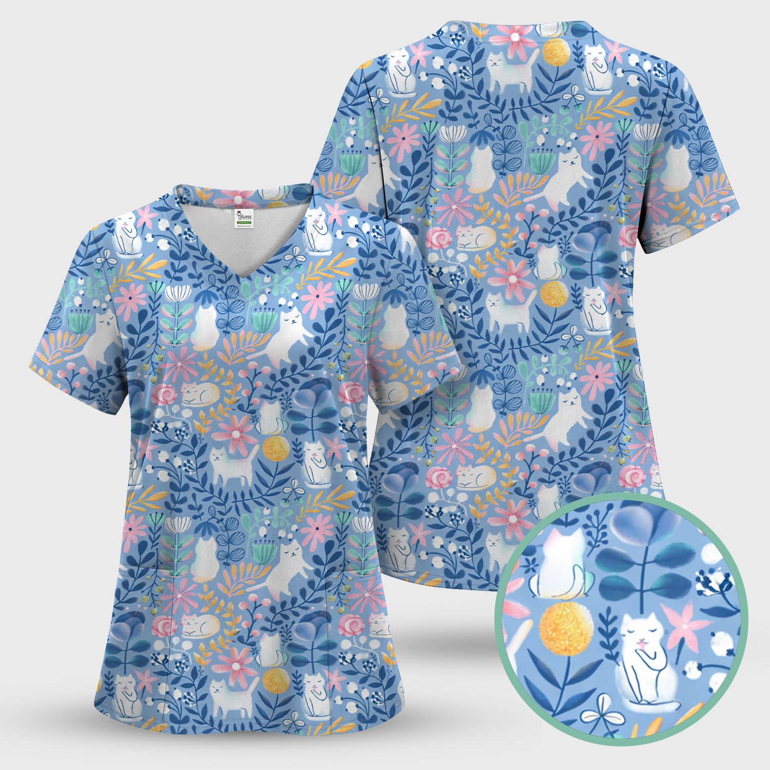 Whimsical Cat Floral Pattern Scrub Set, Women's Scrub Sets