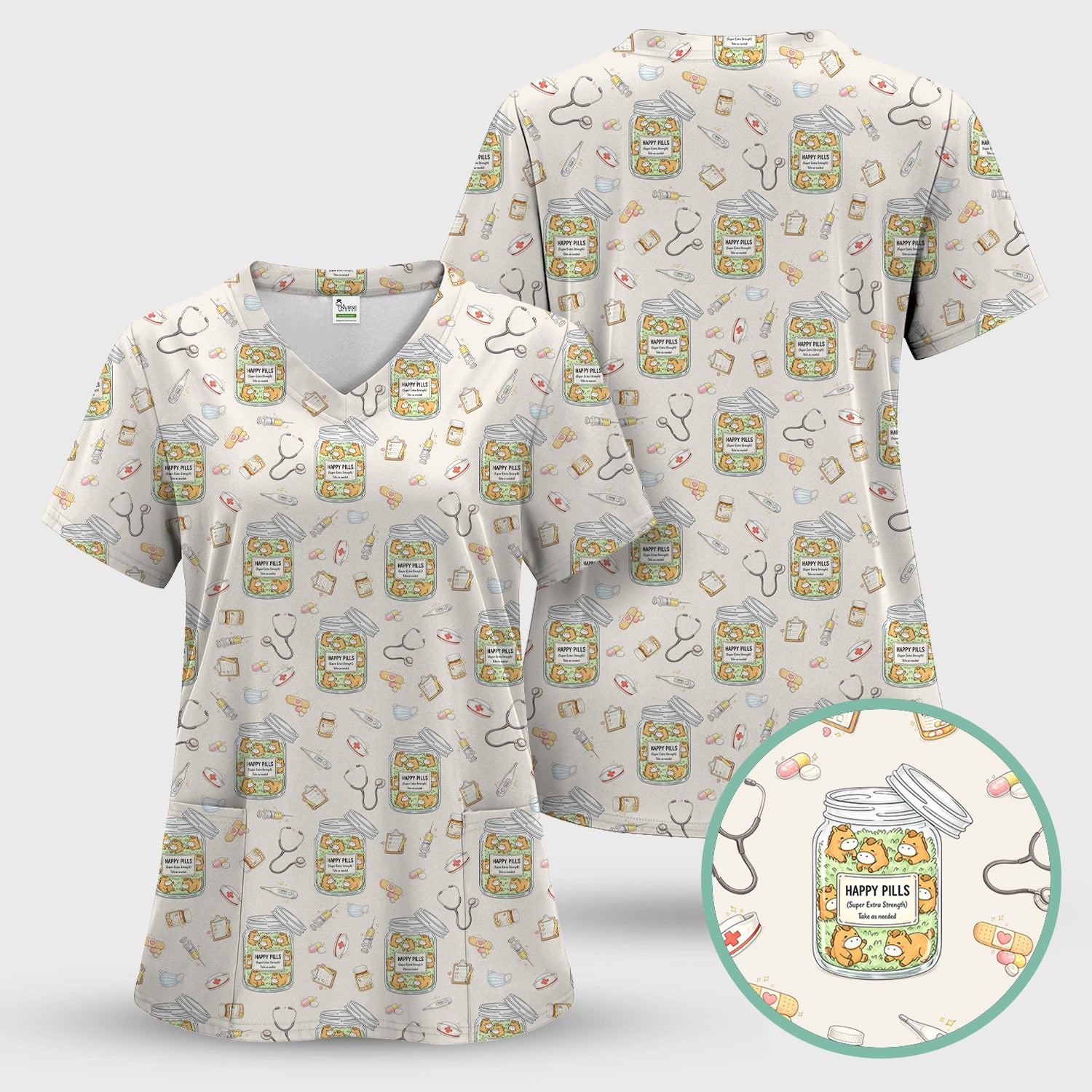 Happy Pills Horse Medical Print Nurse Scrub Top, Comfortable Scrubs for Nurses