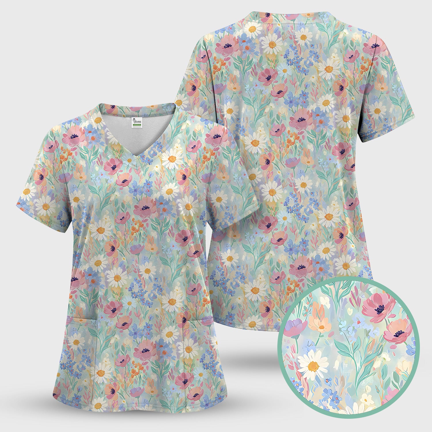 Pastel Wildflower Meadow Floral Pattern Scrub Set, Scrub Pants and V Neck Top