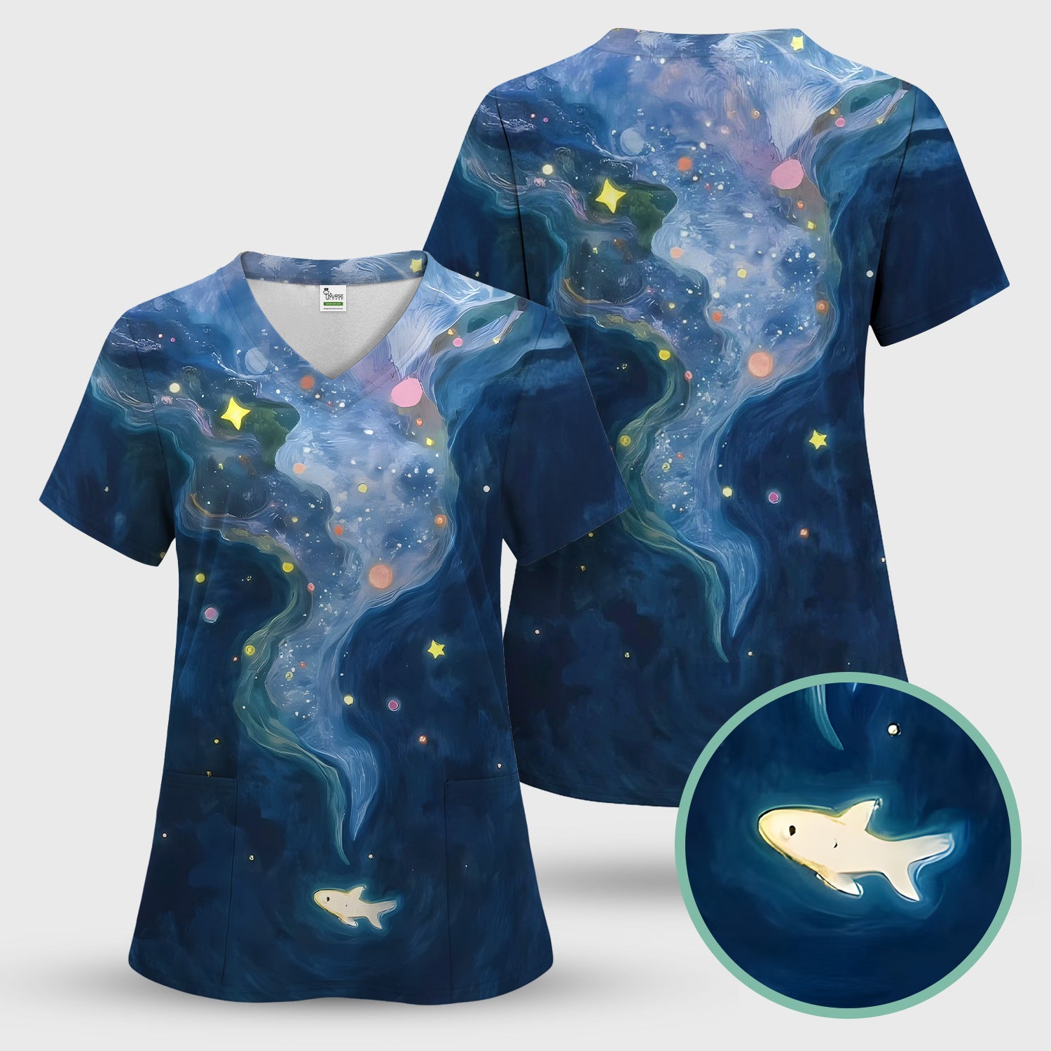 Marine Life Shark Pattern Scrub Top, Comfortable Scrubs for Nurses