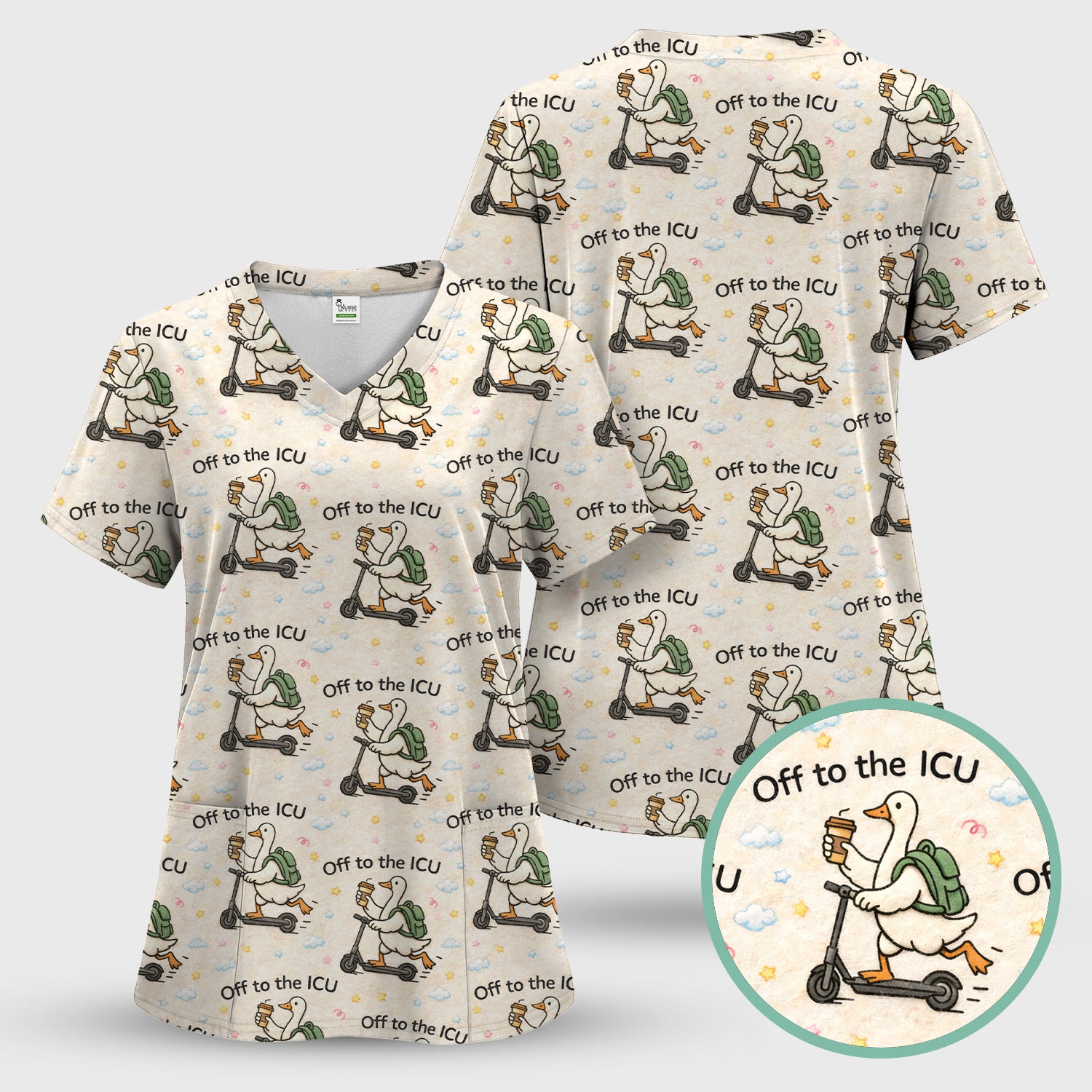 Funny Goose Off To The ICU Pattern Scrubs Top, Breathable Fabrics Nursing Uniform