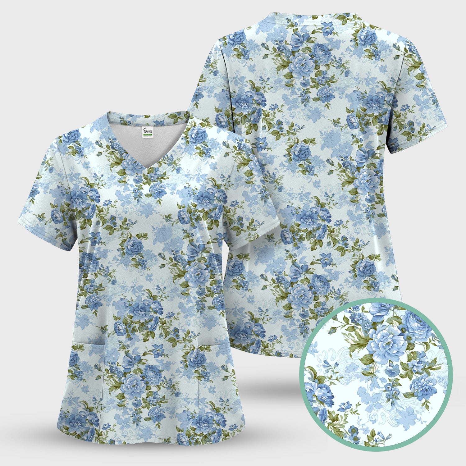Cute Blue Floral Pattern Scrub Top, Comfortable Scrubs for Nurses