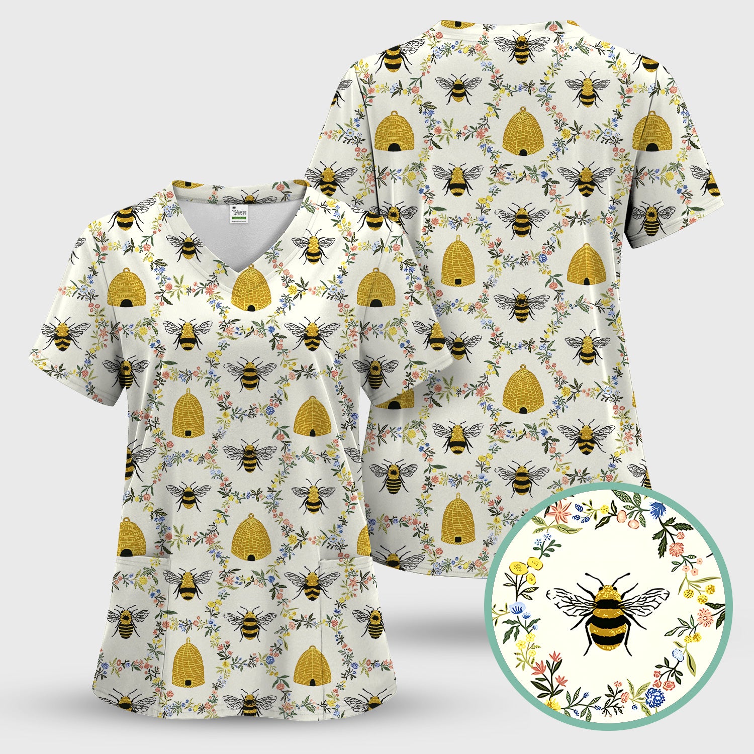 Honey Bee Beehive Floral Pattern Scrub Top, Comfortable Scrubs for Nurses
