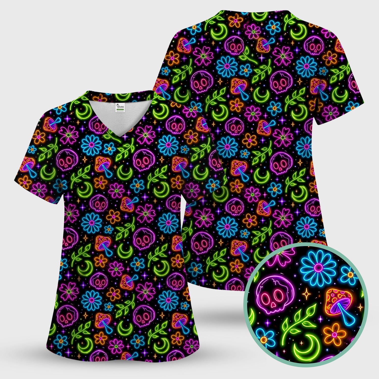 Neon Skull Mushroom Floral Scrub Top, Colorful Gothic Nurse Scrubs Uniform