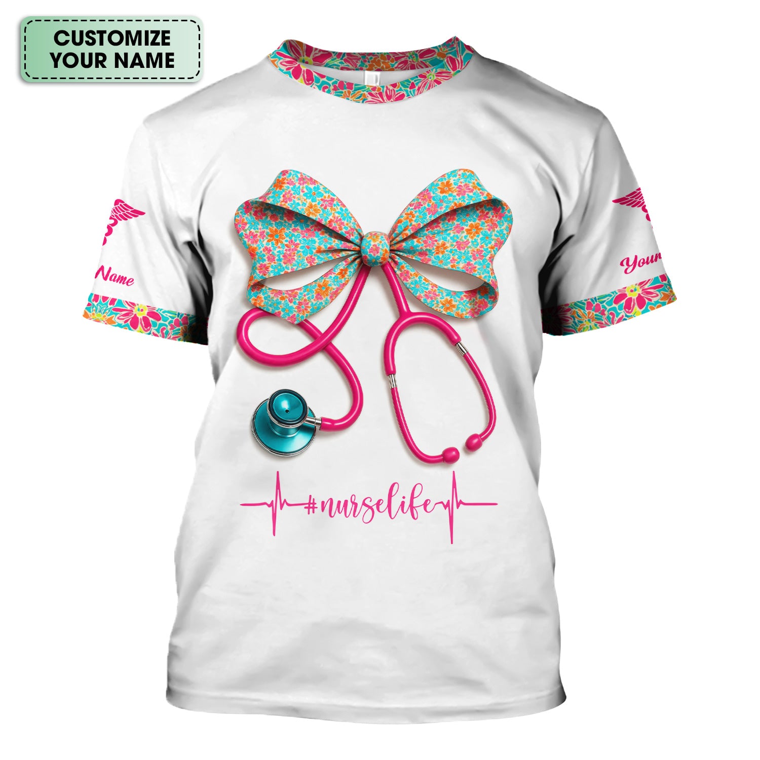 Custom Name Floral Bow Nurse Life Shirt - Cute Stethoscope Design with Heartbeat Graphic - Gift for RN LPN CNA Medical Staff