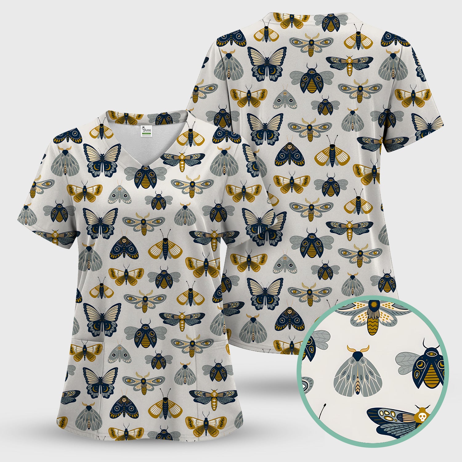 Cute Butterfly Moth Insect Pattern Scrub Set, Scrub Pants and V Neck Top