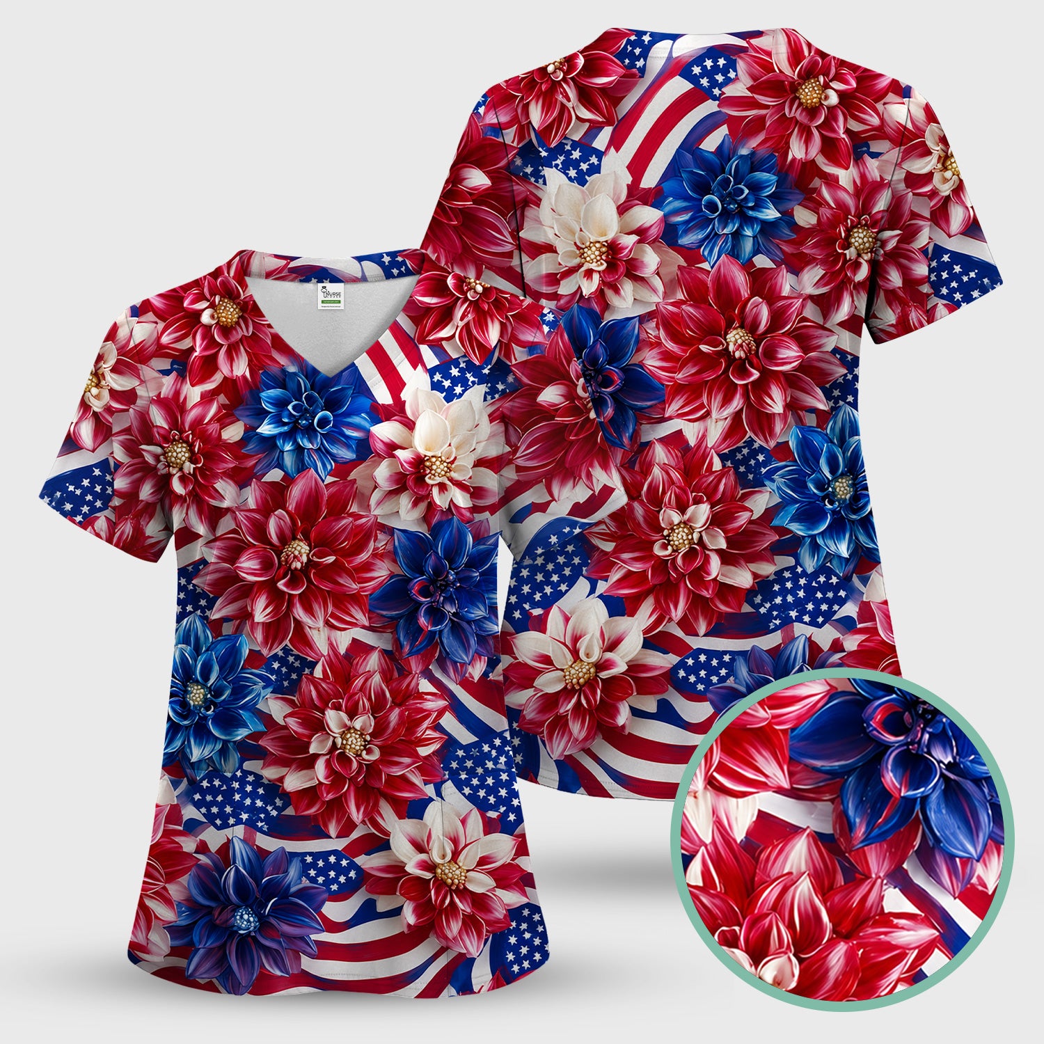 Festive Patriotic Floral Flag Pattern Scrub Set, Scrub Pants and V Neck Top