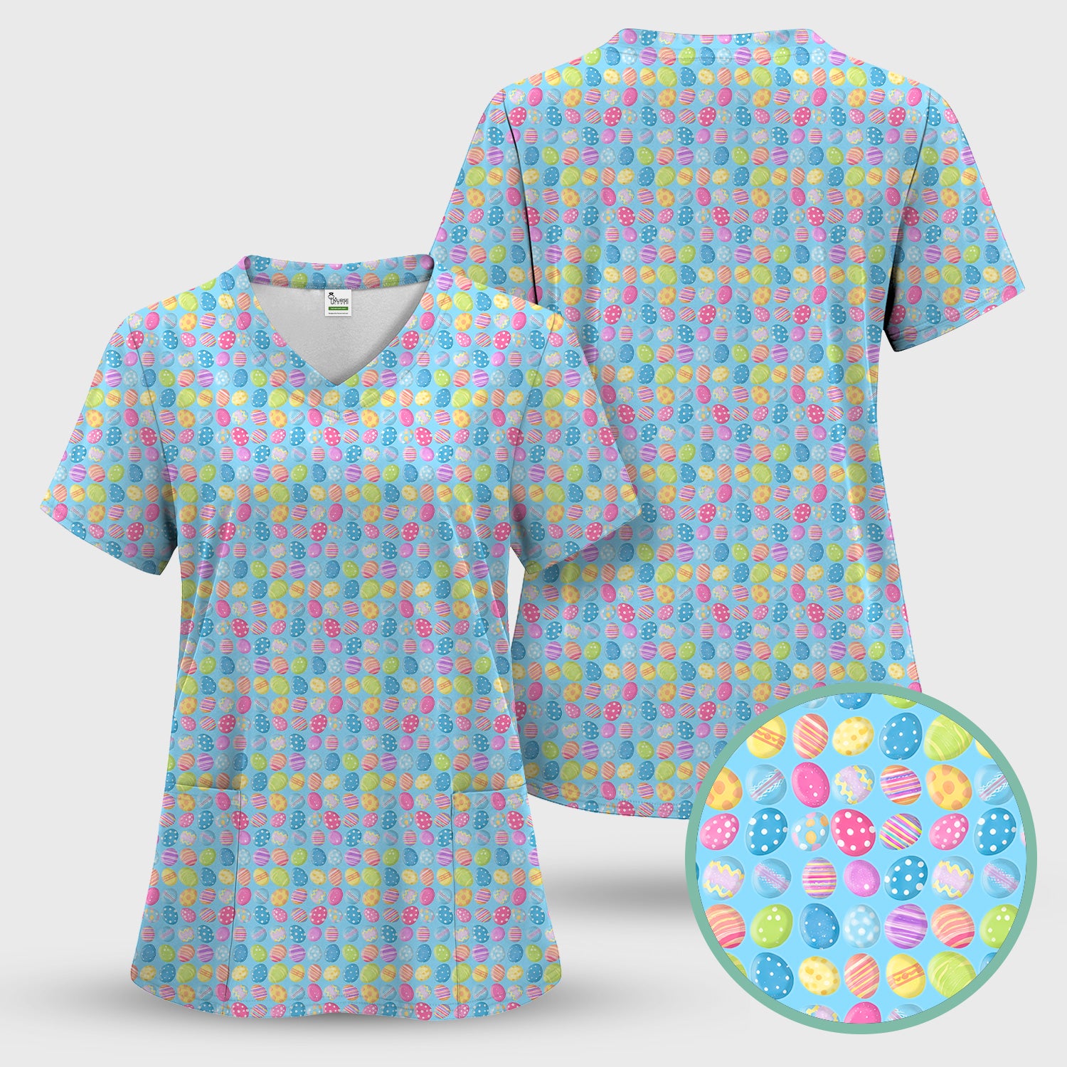 Colorful Easter Eggs Pattern Scrub Top, Comfortable Scrubs for Nurses