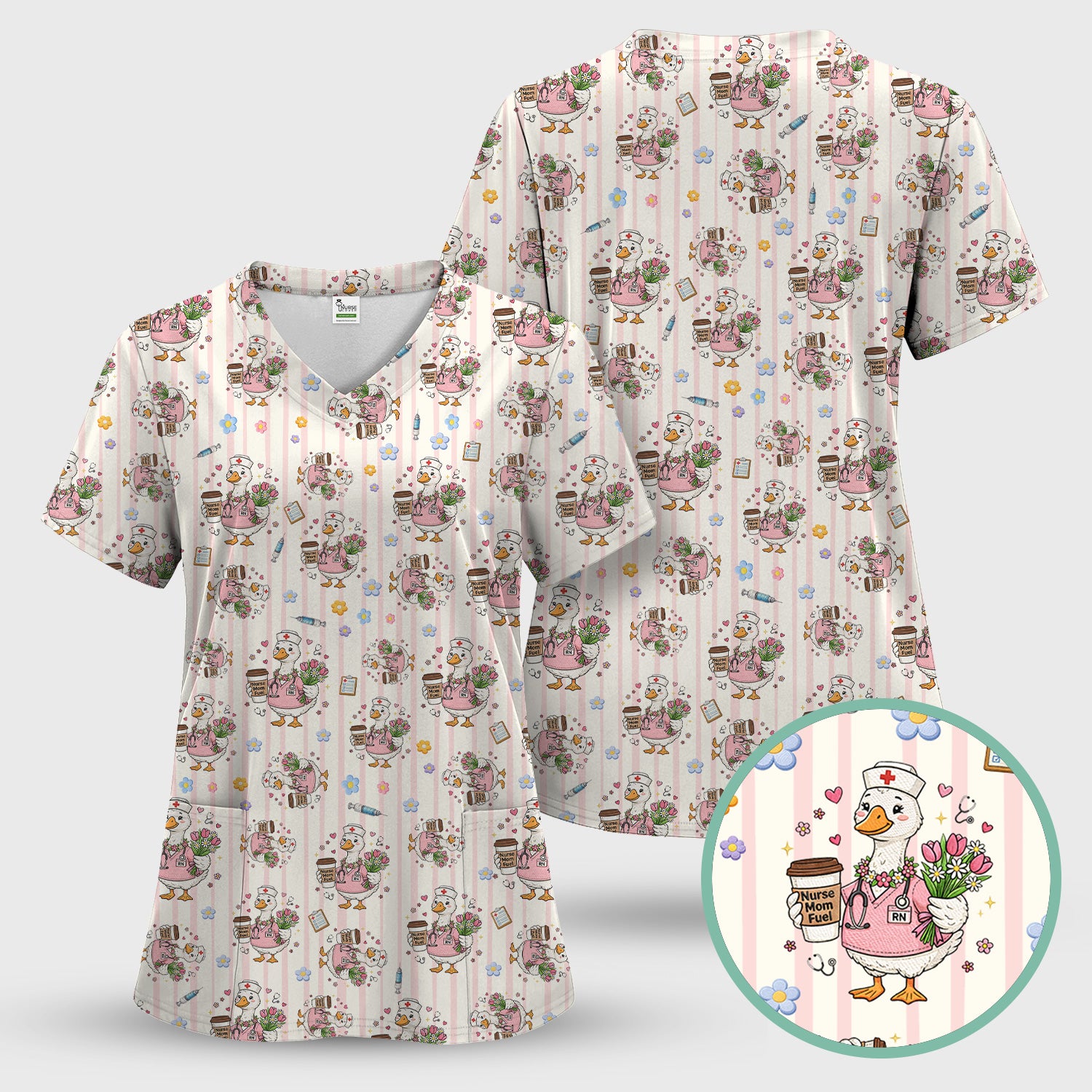 Cartoon Nurse Goose Pattern Scrub Top, Comfortable Scrubs for Nurses
