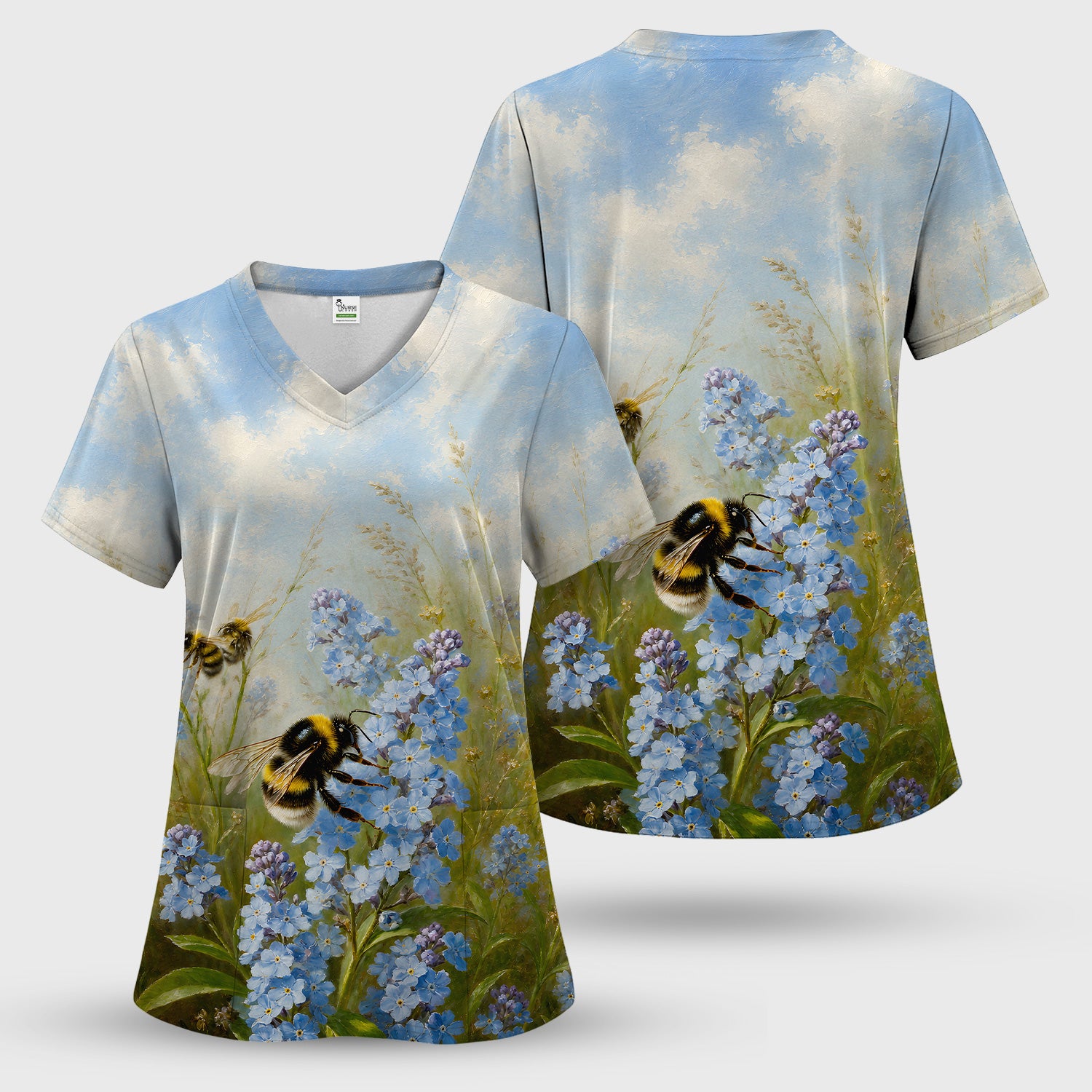 Whimsical Bumblebee Blue Blossom Pattern Scrub Top, Comfortable Scrubs for Nurses