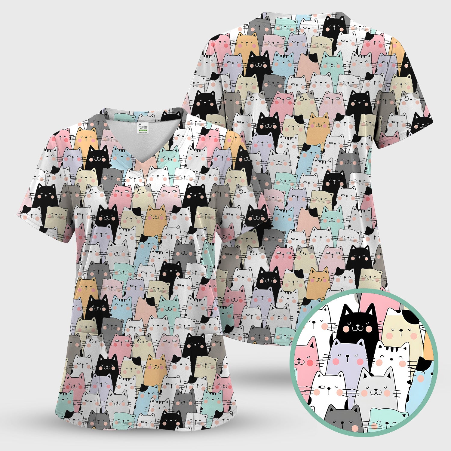 Playful Cartoon Cat Crowd Pattern Scrub Top, Comfortable Scrubs for Nurses