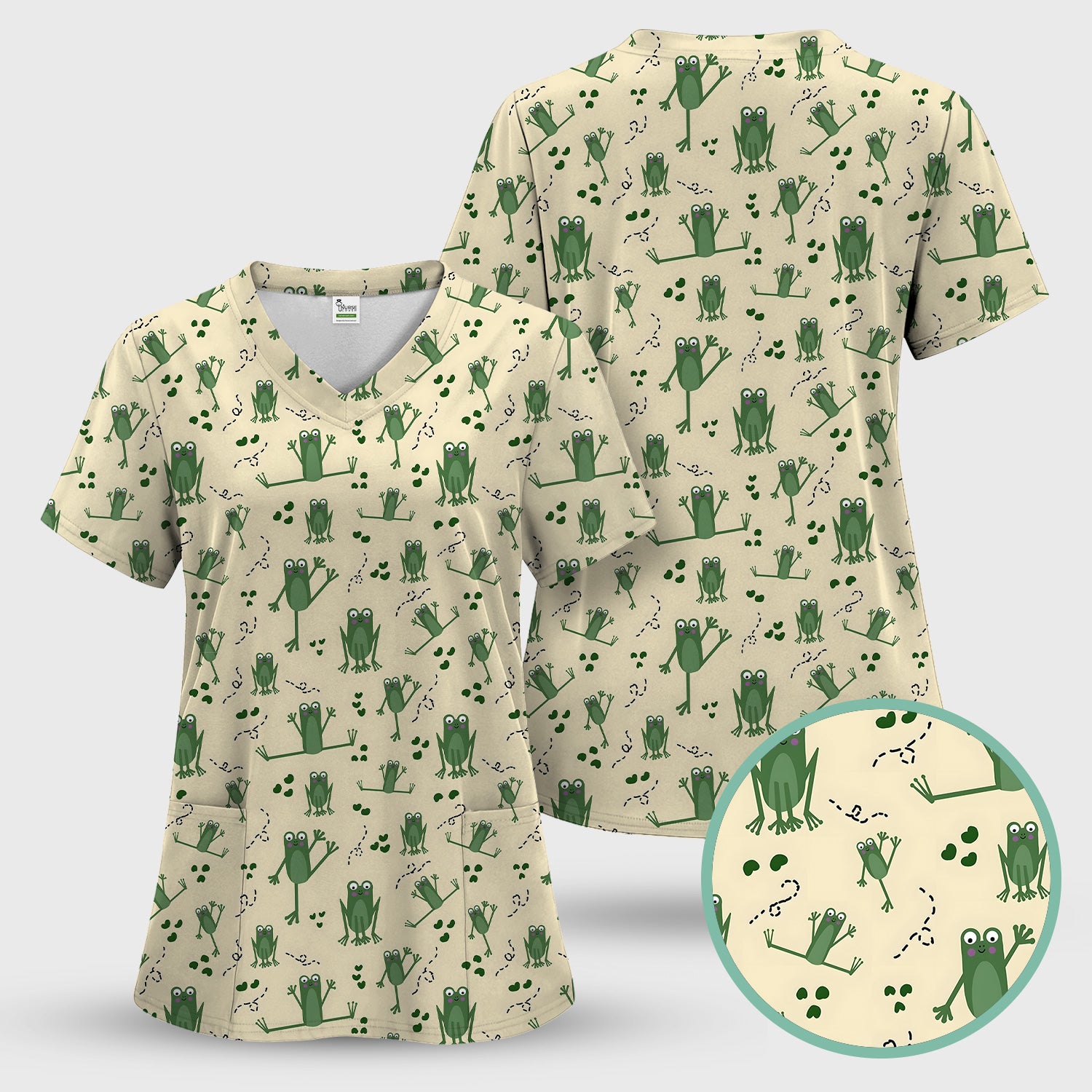 Frog Jumping Footprint Trail Pattern Scrub Set, Scrub Pants and V Neck Top