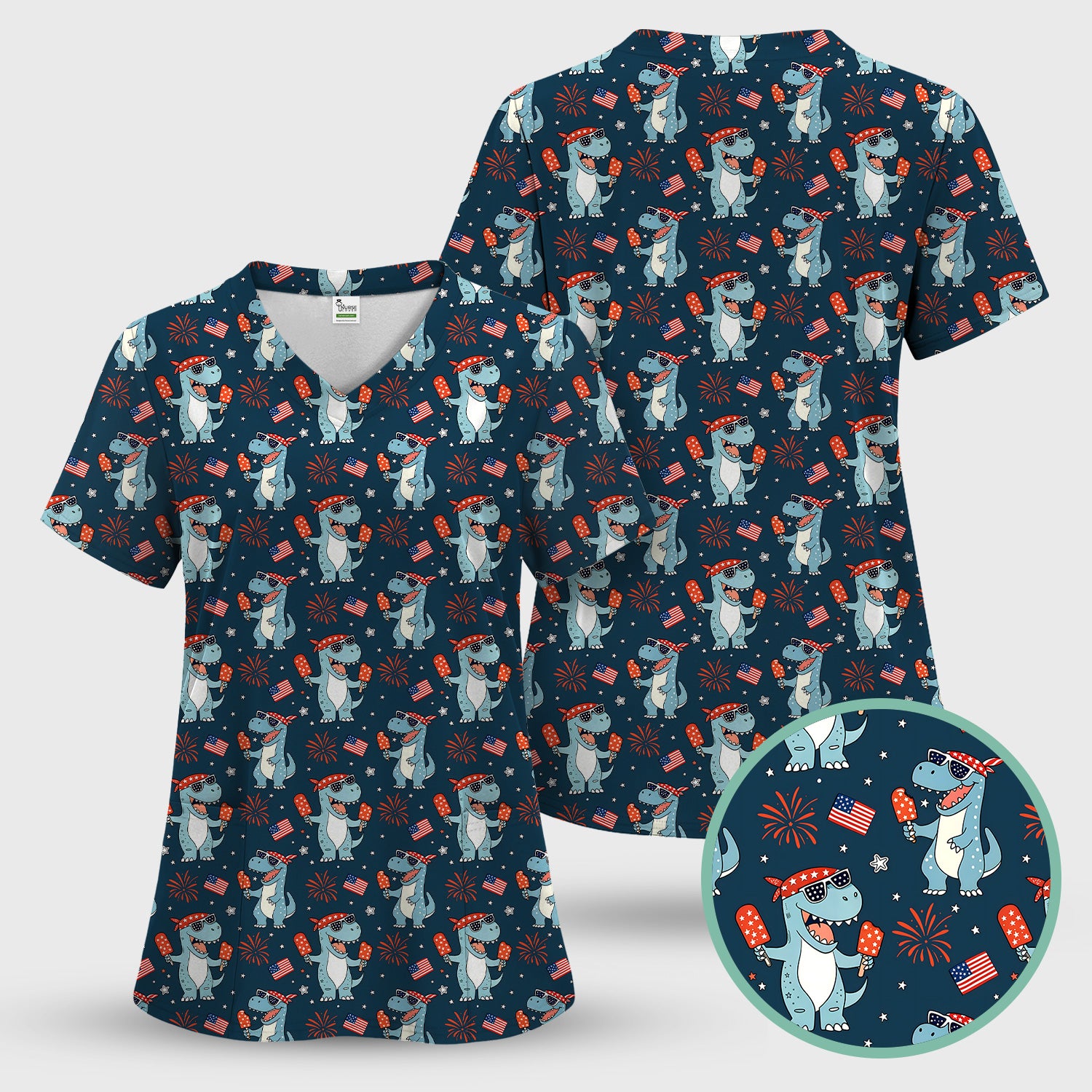 Dinosaur With Flag American Pattern Scrub Set, Scrub Pants and V Neck Top