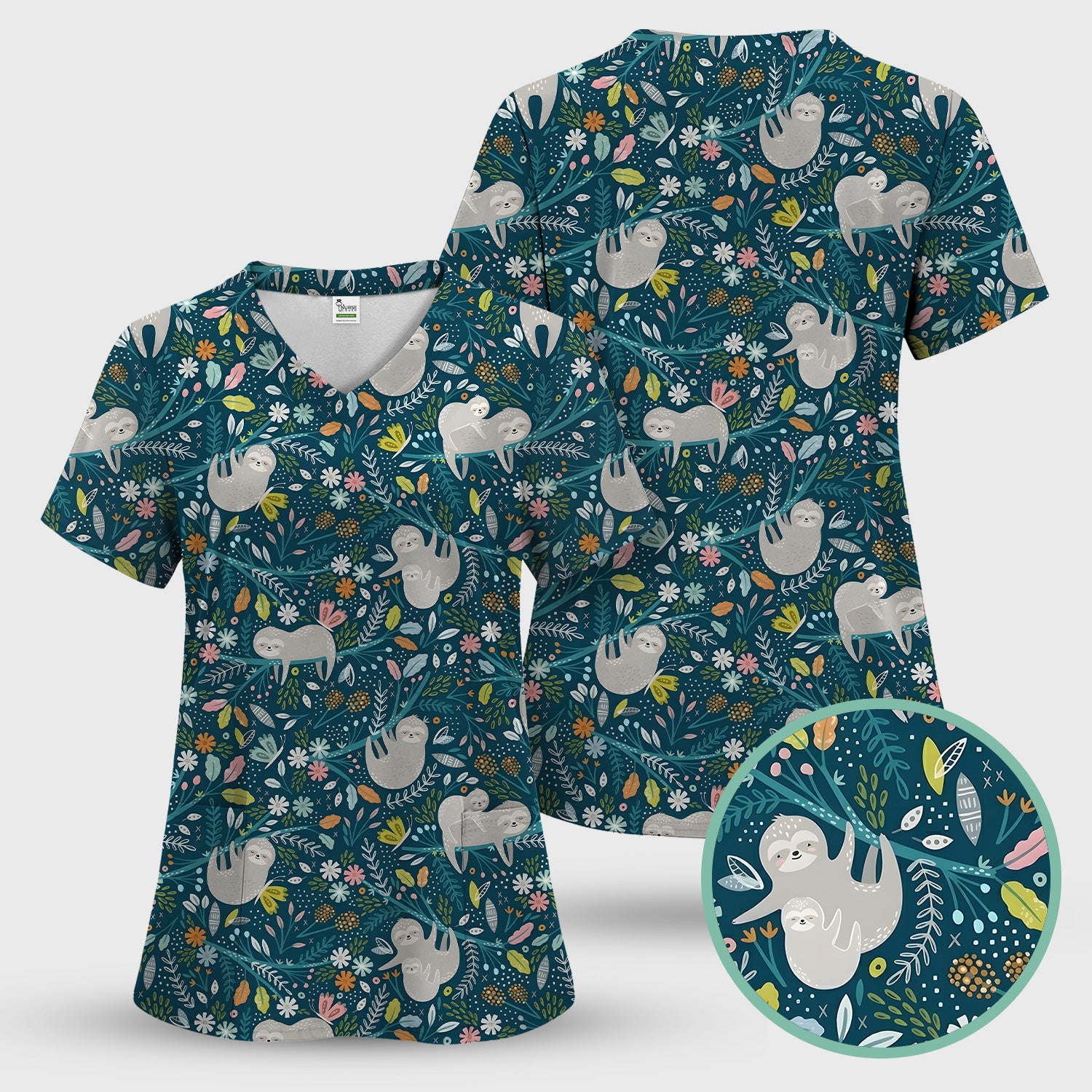 Cute Sloth Jungle Leaf Floral Pattern Scrub Set, Women's Scrub Sets