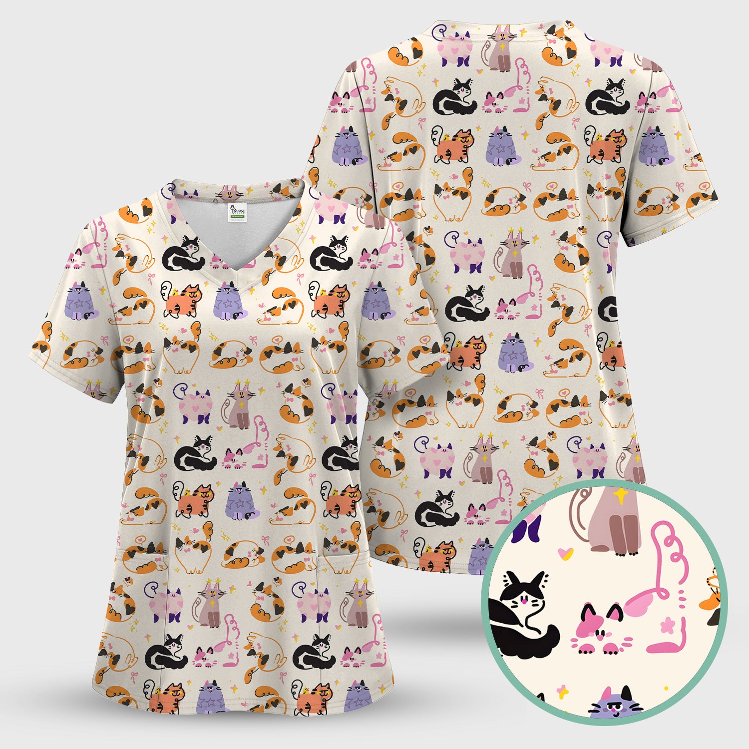 Funny Cat Pattern Scrub Top, Cute Cats Nursing Uniform For Women
