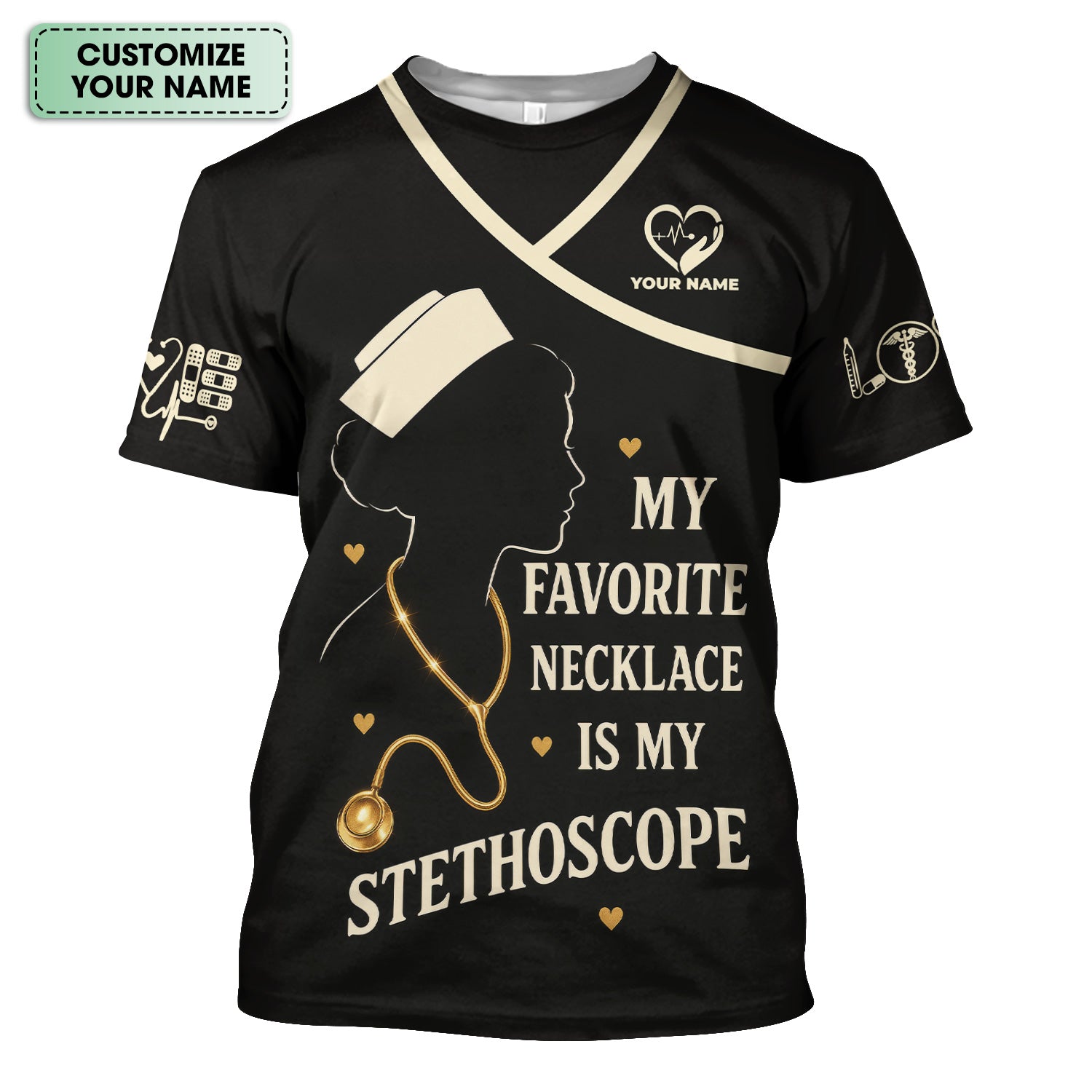 Personalized Funny Nurse Graphic Shirt - Stethoscope Necklace Quote - Gift for Registered Nurse, EMT, Medical Assistant