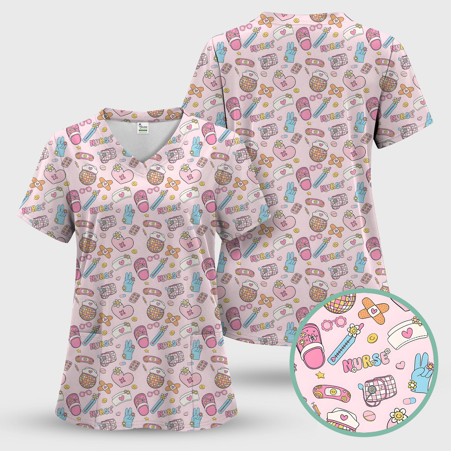 Cute Nurse Pink Medical Tools Pattern Scrub Set, Scrub Pants and V Neck Top