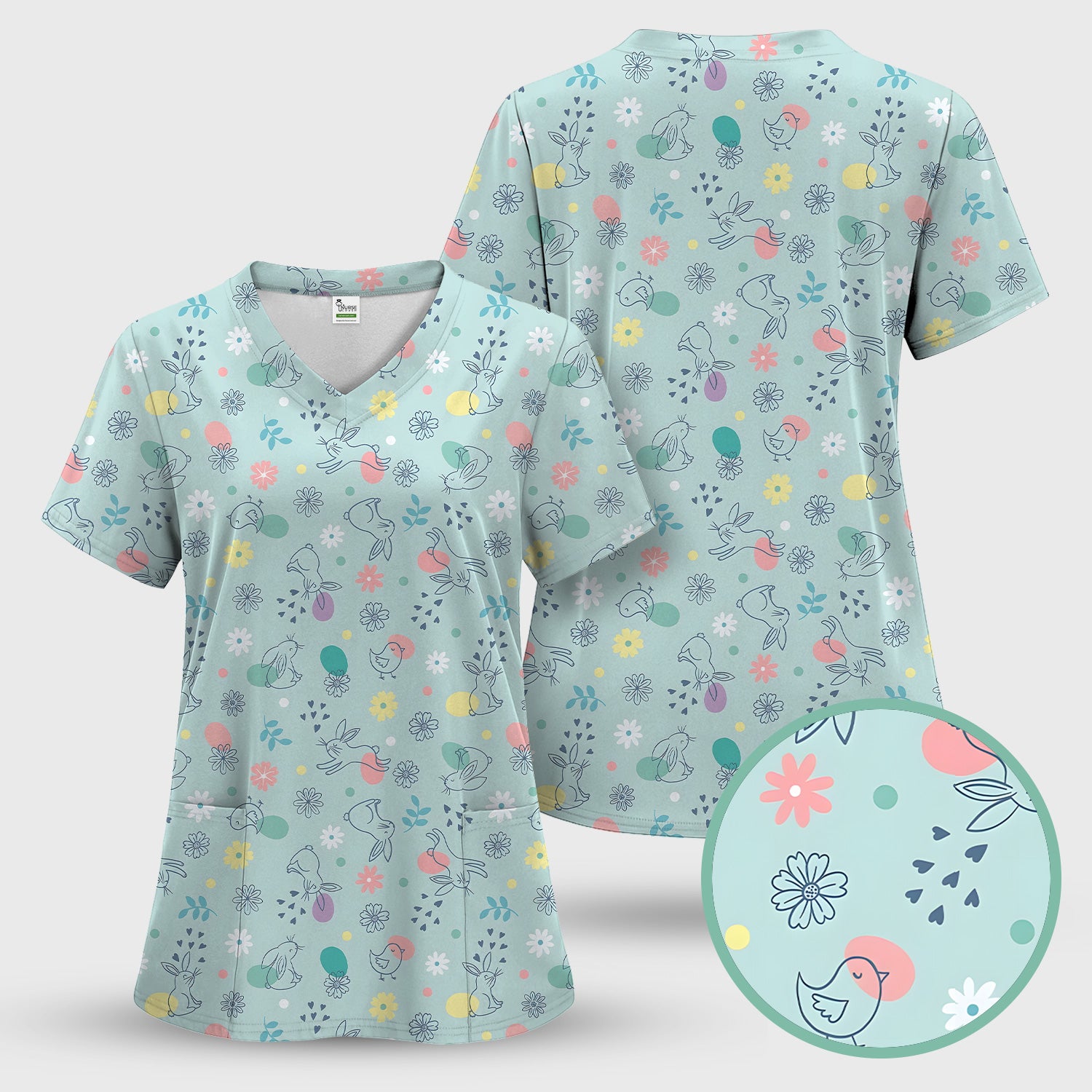 Whimsical Easter Bunny Eggs Pattern Scrub Top, Comfortable Scrubs for Nurses